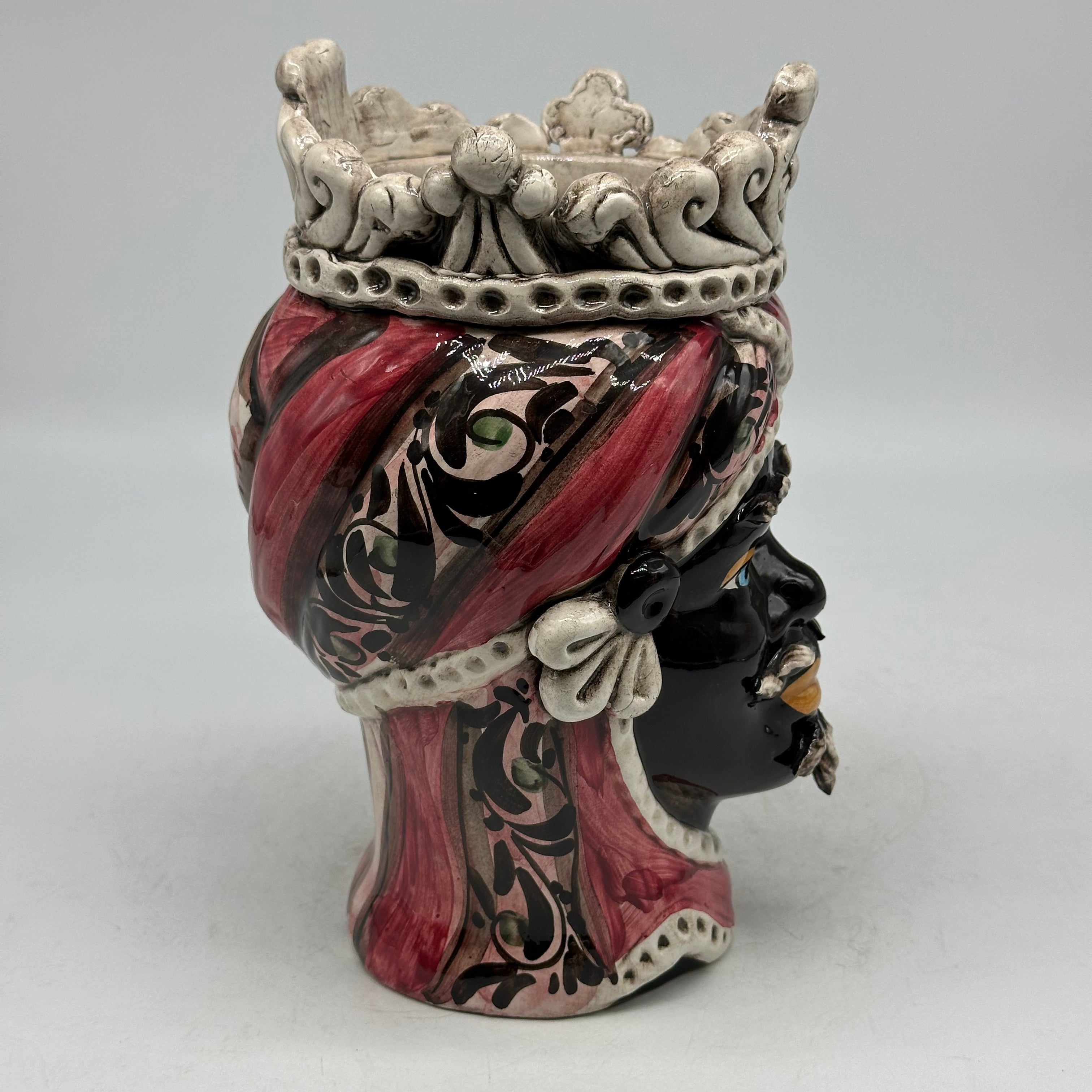 FINE SERIE - Testa di Moro Uomo Moresca Ceramica Caltagirone cm H.22 L.13 Artigianale Decorazione 2020 Rosa - Moro
