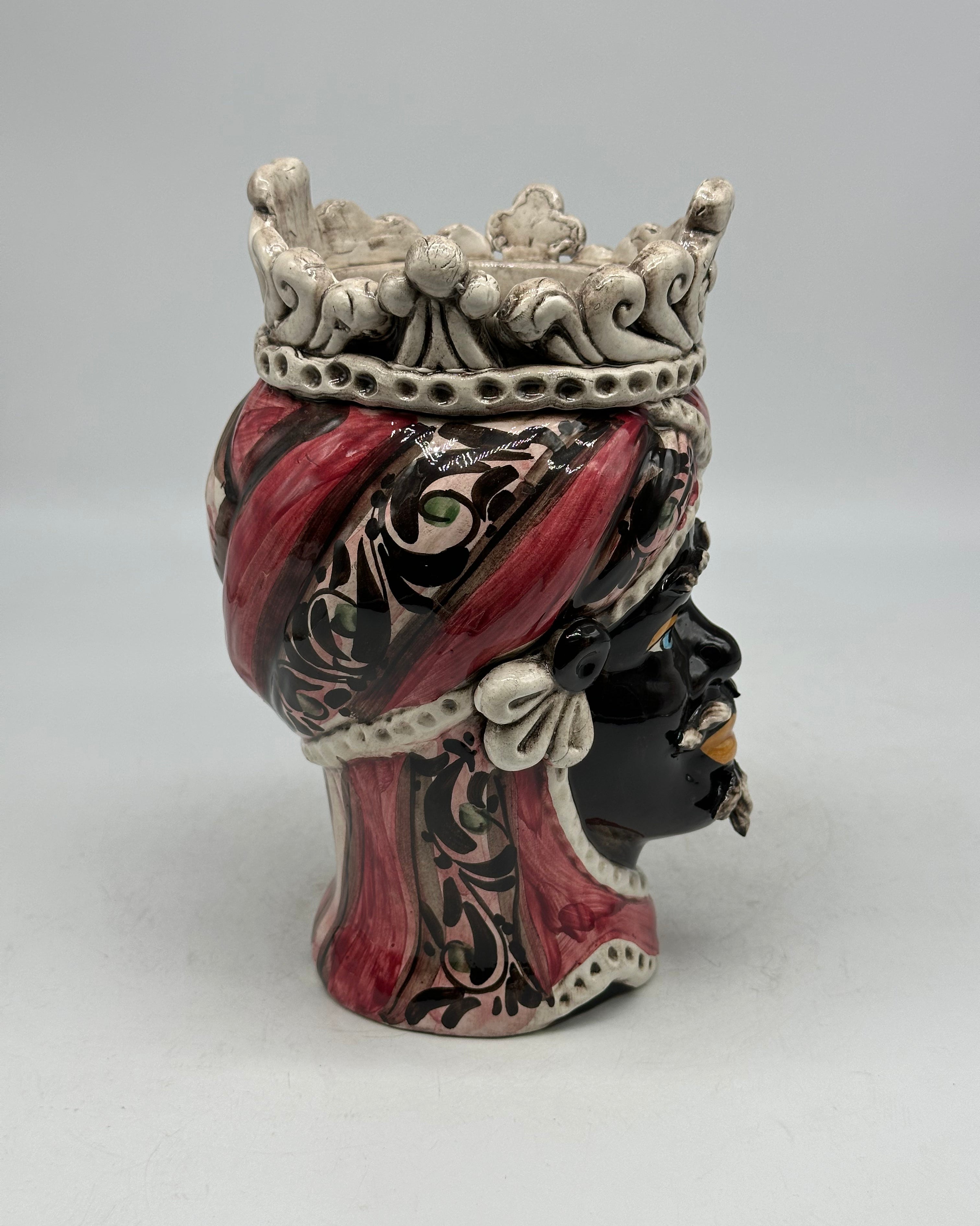 FINE SERIE - Testa di Moro Uomo Moresca Ceramica Caltagirone cm H.22 L.13 Artigianale Decorazione 2020 Rosa - Moro
