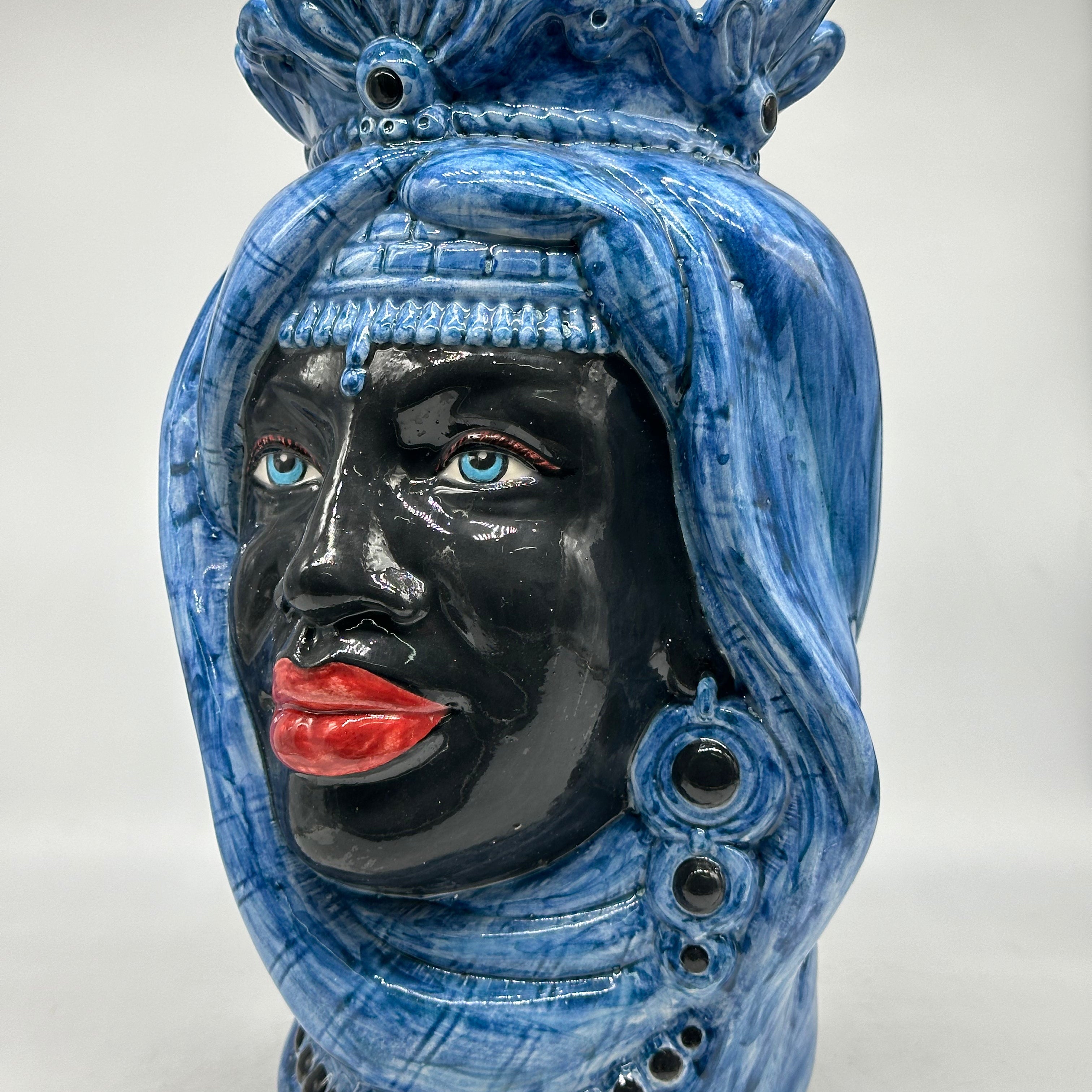 FINE SERIE - Teste di Moro Afro Donna Ceramica Caltagirone cm H.35 L.23 Artigianale Turbante Blu - Uomo - TESTE DI MORO