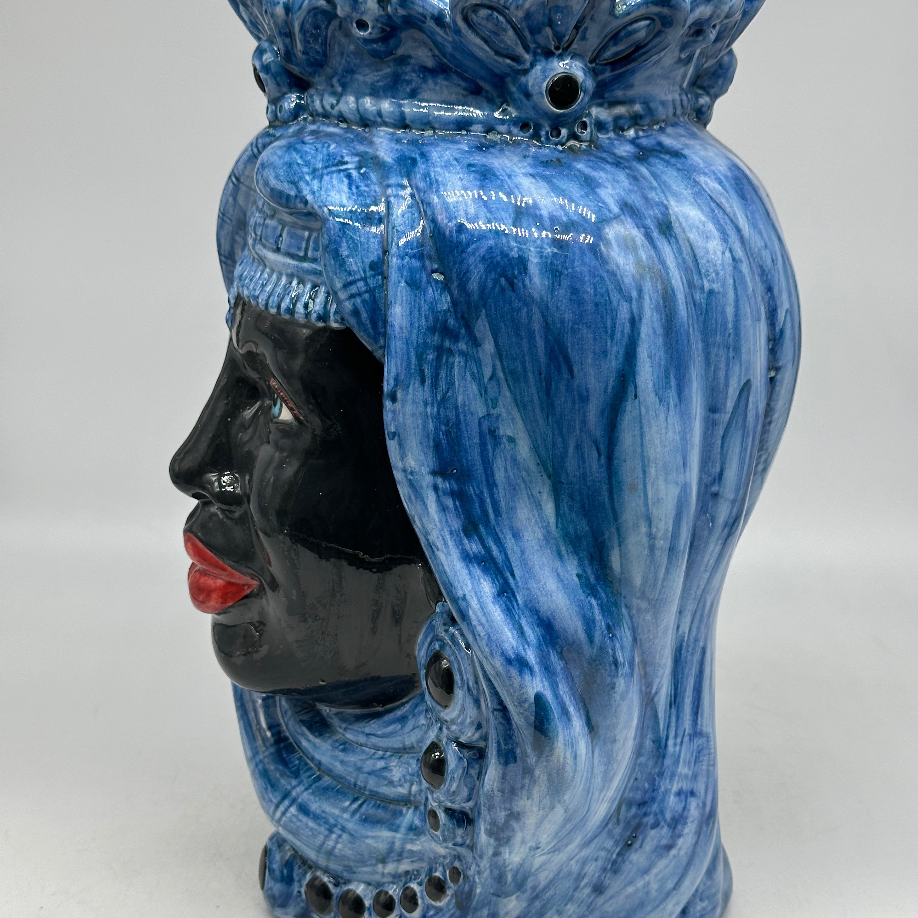 FINE SERIE - Teste di Moro Afro Donna Ceramica Caltagirone cm H.35 L.23 Artigianale Turbante Blu - Uomo - TESTE DI MORO