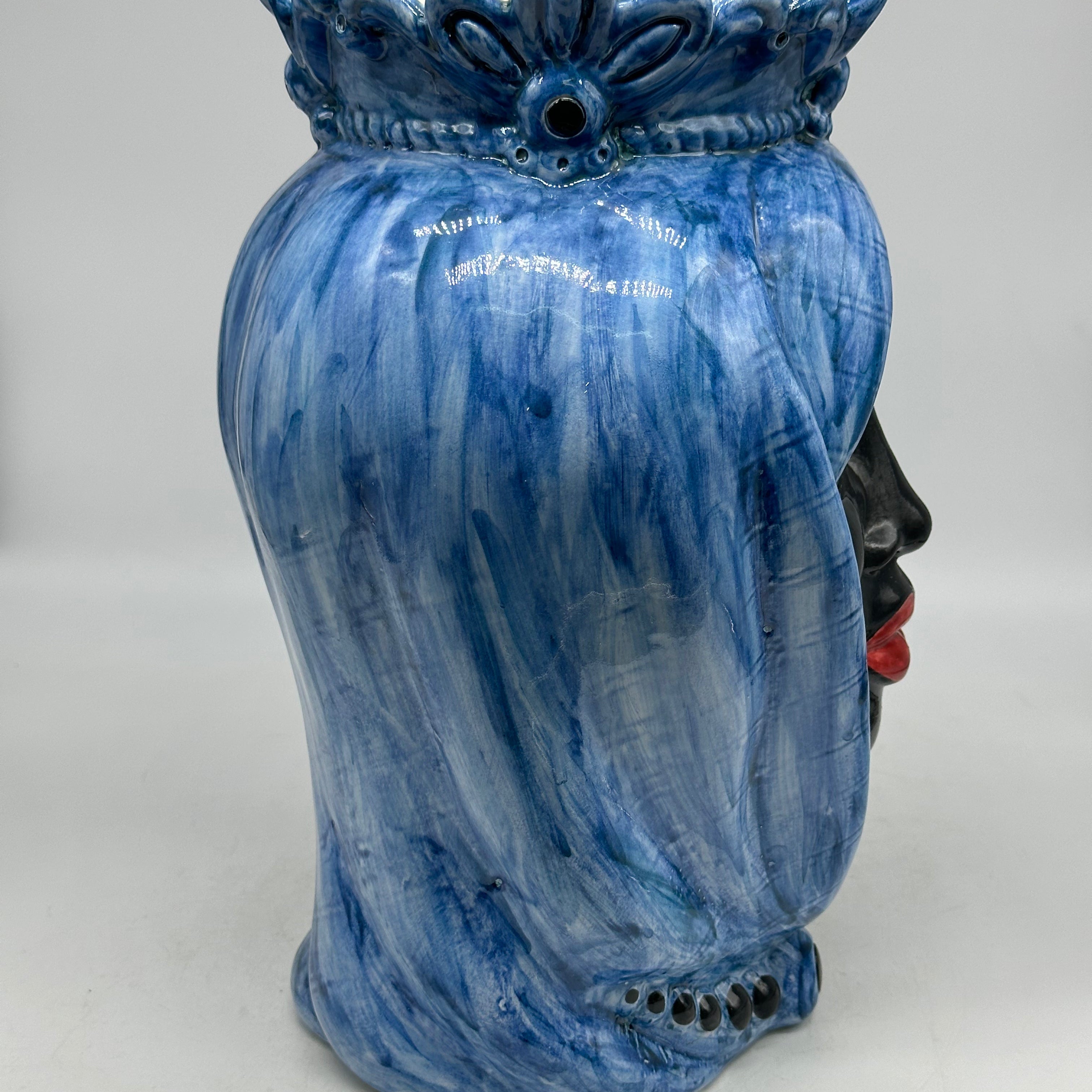 FINE SERIE - Teste di Moro Afro Donna Ceramica Caltagirone cm H.35 L.23 Artigianale Turbante Blu - Uomo - TESTE DI MORO