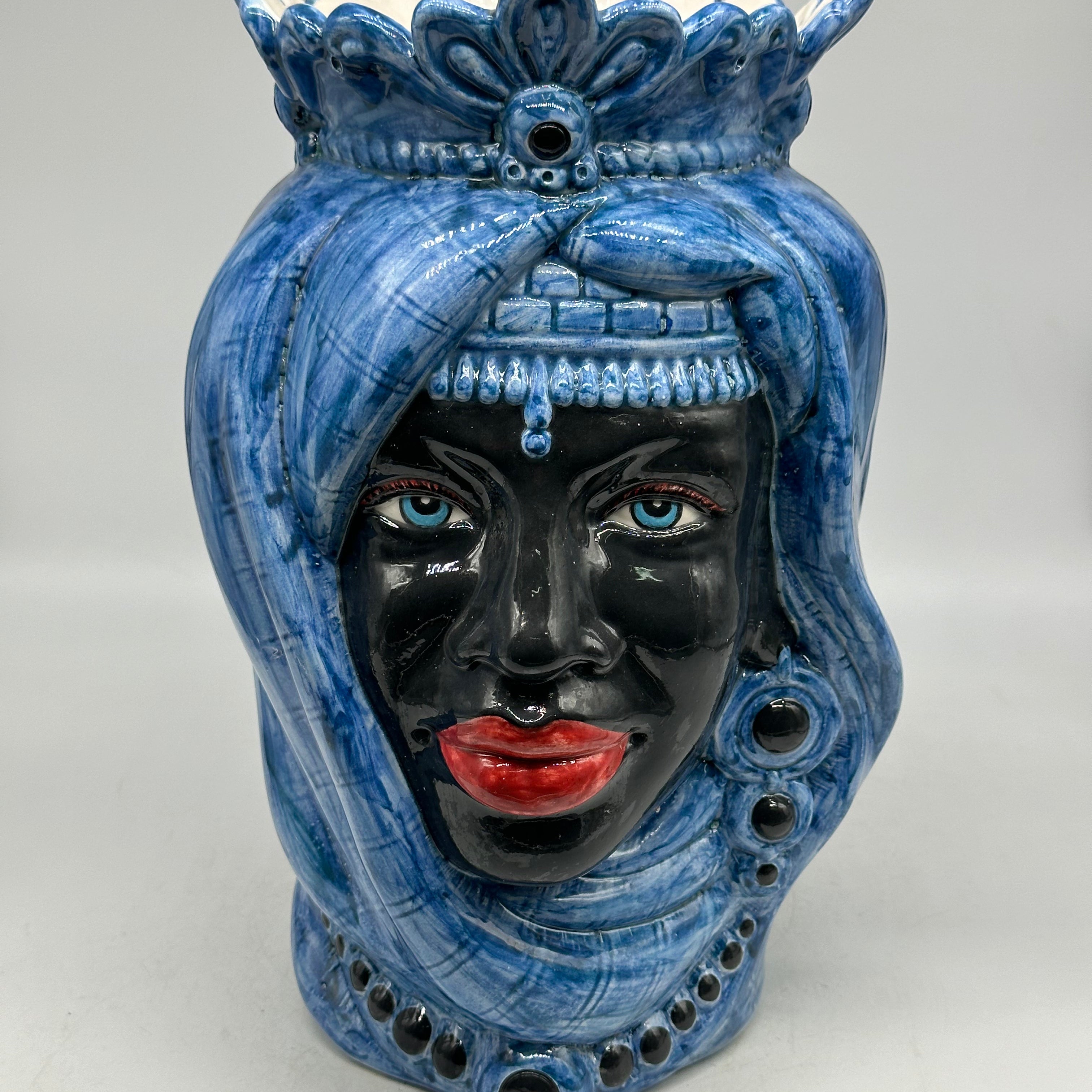 FINE SERIE - Teste di Moro Afro Donna Ceramica Caltagirone cm H.35 L.23 Artigianale Turbante Blu - Uomo - TESTE DI MORO
