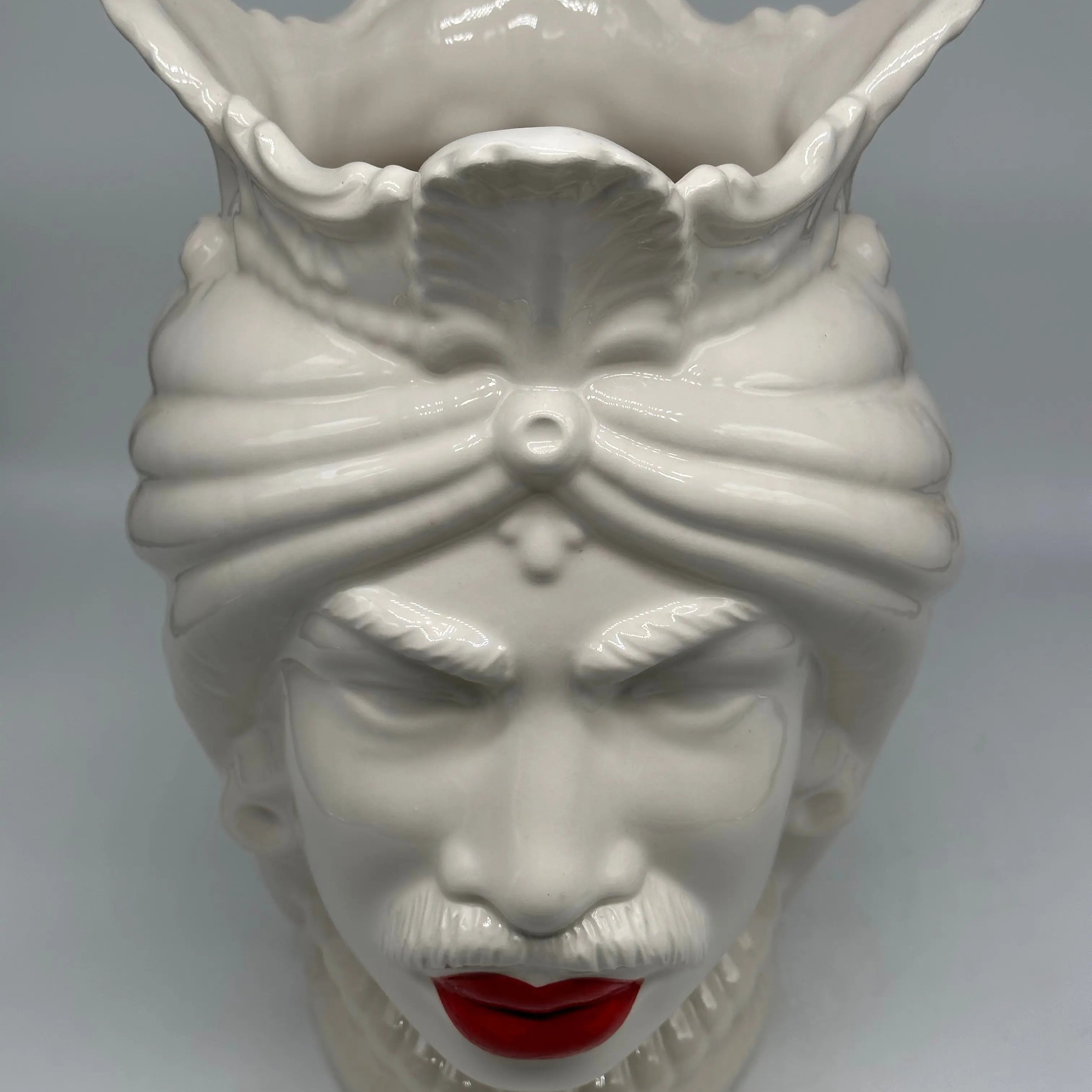 FINE SERIE - Teste di Moro Afro Uomo Ceramica Caltagirone cm H.35 L.23 Artigianale Bianco Labbra Rosse DD CERAMICHE SICILIANE