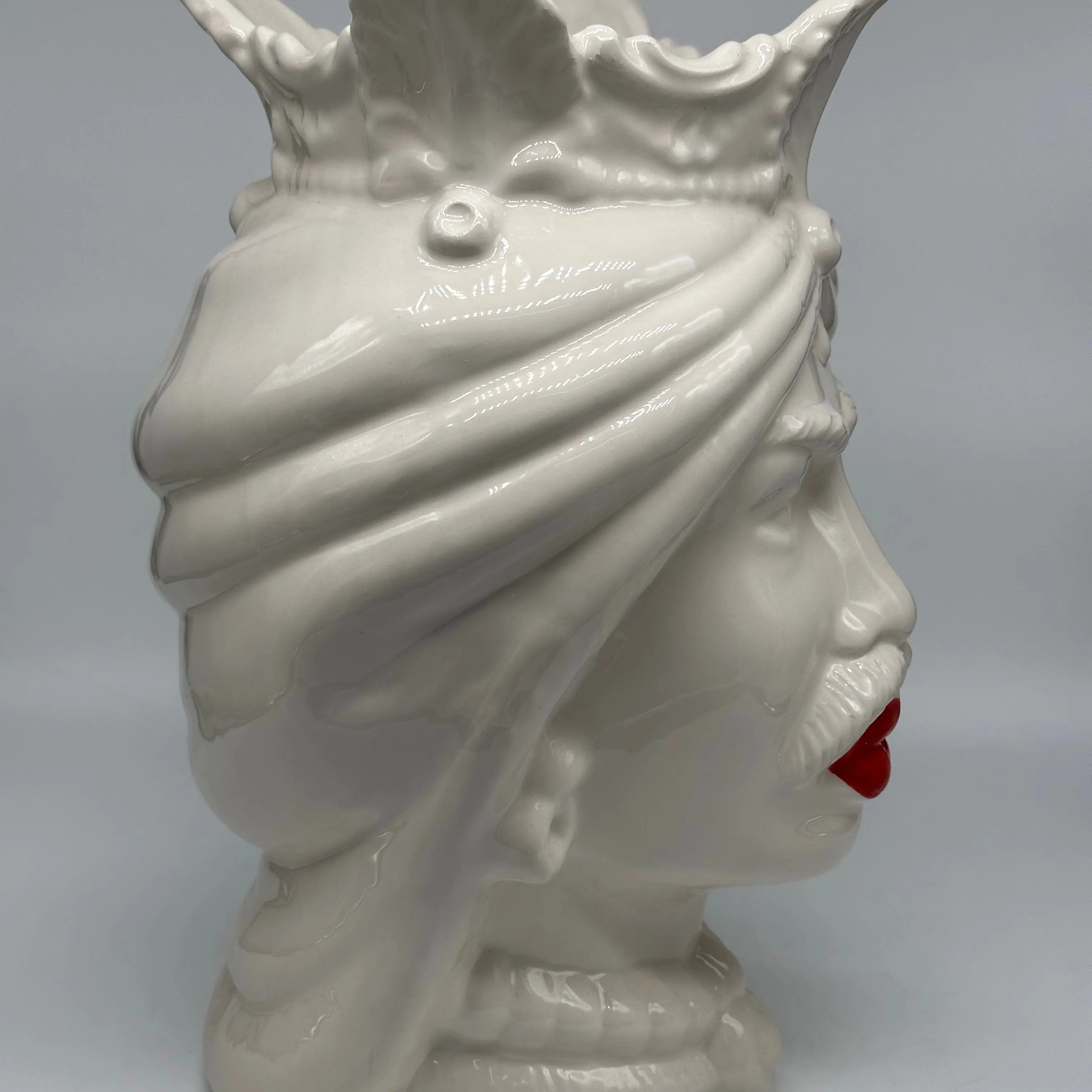 FINE SERIE - Teste di Moro Afro Uomo Ceramica Caltagirone cm H.35 L.23 Artigianale Bianco Labbra Rosse DD CERAMICHE SICILIANE