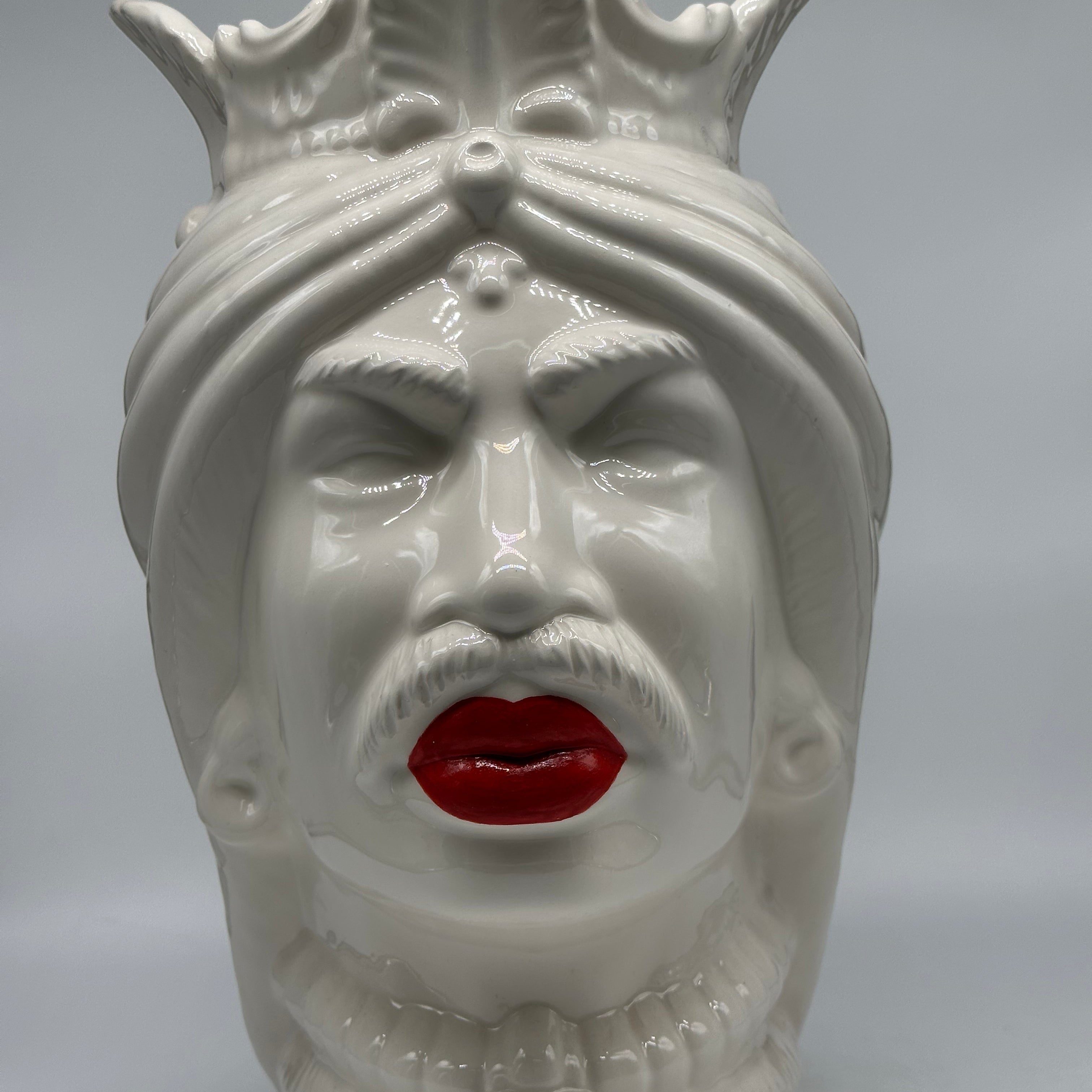 FINE SERIE - Teste di Moro Afro Uomo Ceramica Caltagirone cm H.35 L.23 Artigianale Bianco Labbra Rosse DD CERAMICHE SICILIANE