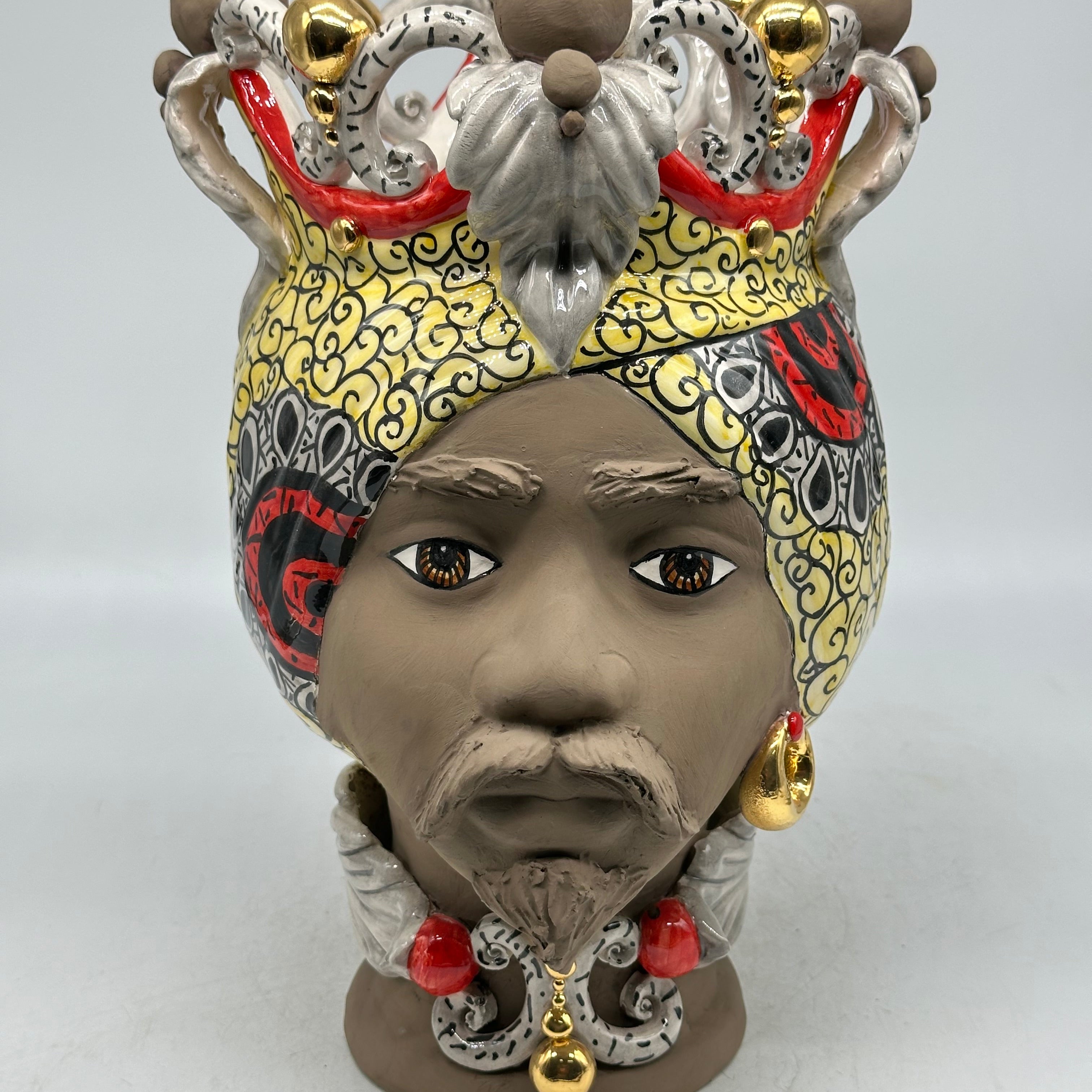 FINE SERIE - Teste di Moro Diana Ceramica Caltagirone cm H.30 L.20 Artigianale Écru Oro Sfere Fango - Uomo - TESTE