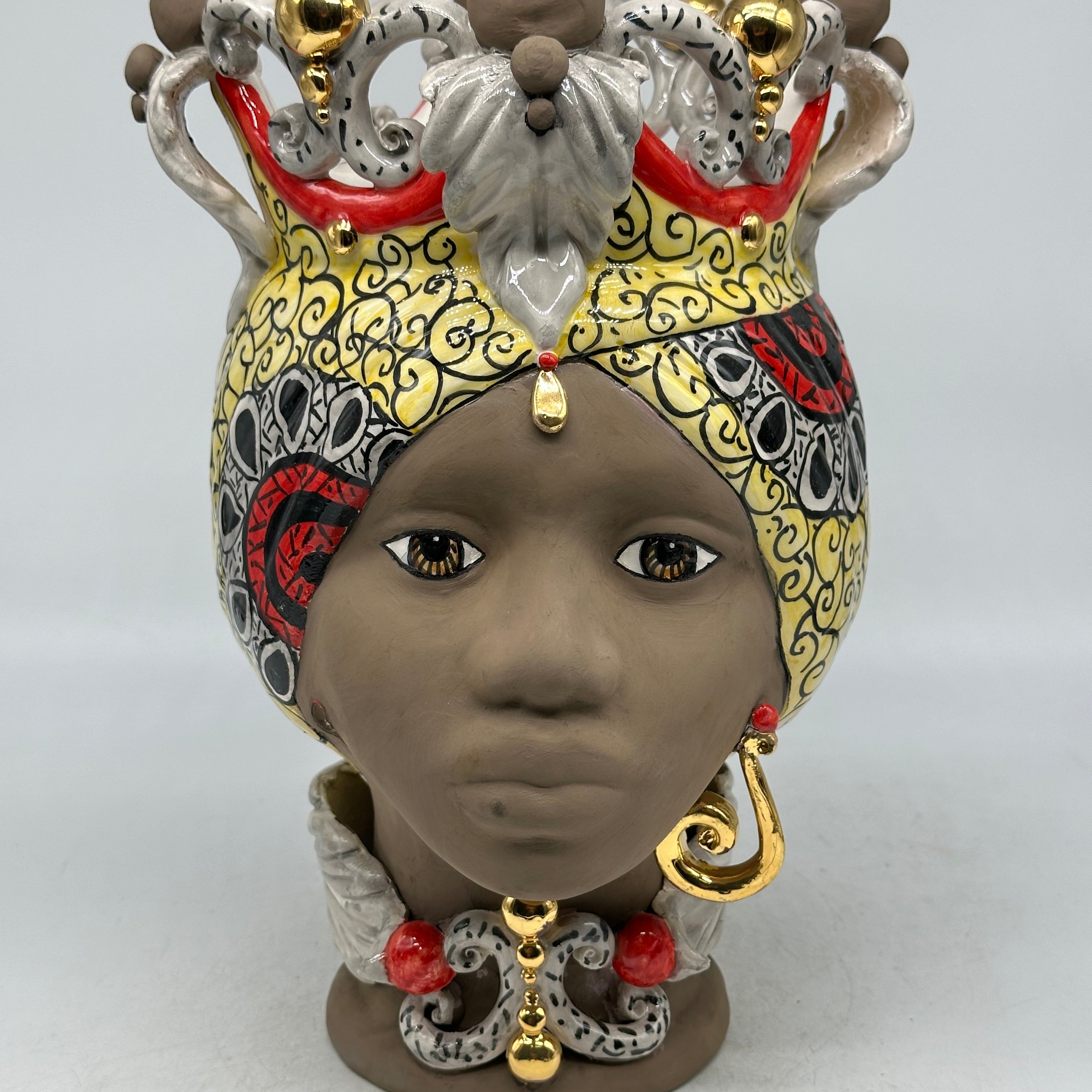 FINE SERIE - Teste di Moro Diana Ceramica Caltagirone cm H.30 L.20 Artigianale Écru Oro Sfere Fango - Donna - TESTE