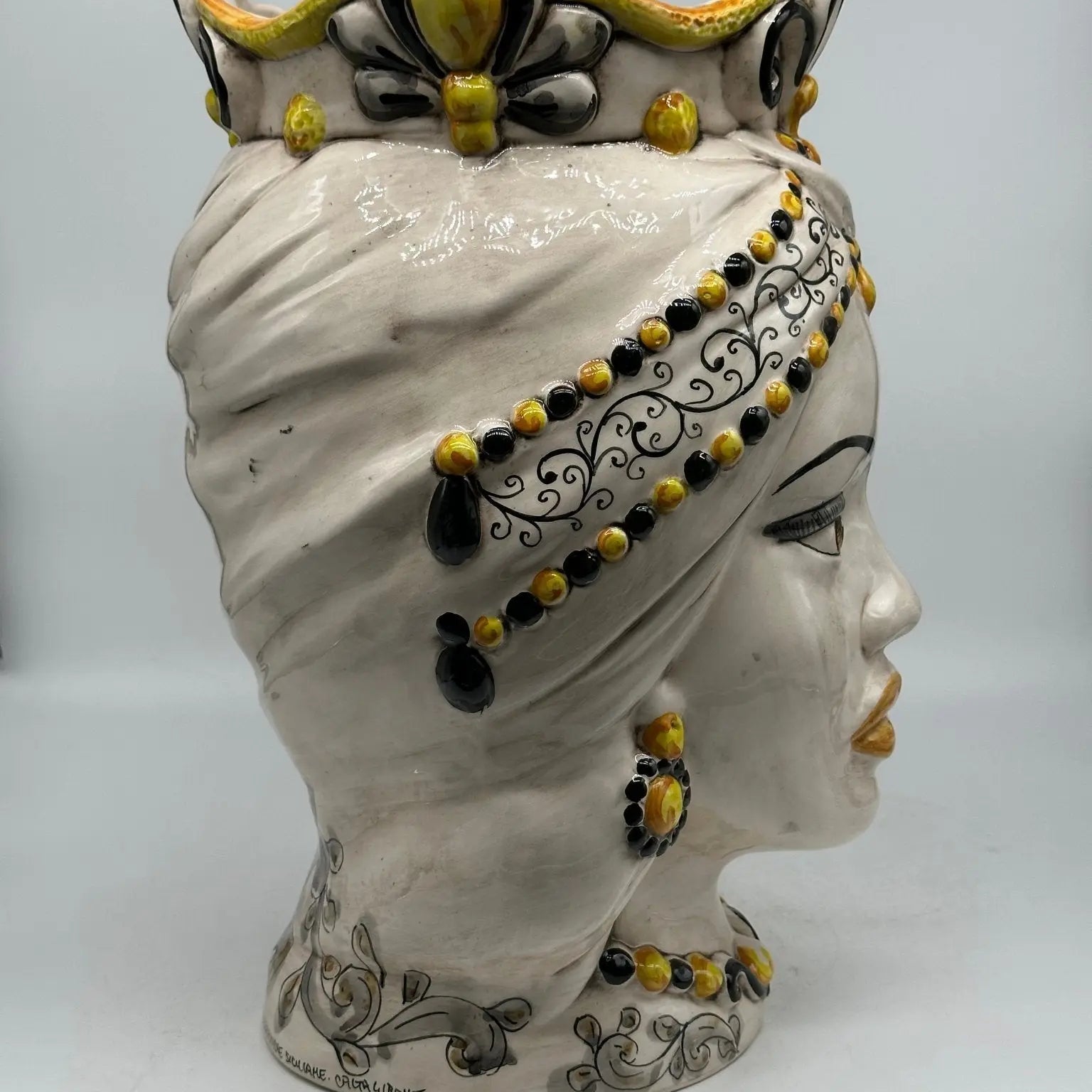 FINE SERIE - Teste di Moro Saturno Ceramica Caltagirone cm H.37 L.22 Artigianale Barocco Ocra Nero - TESTA DI MORO