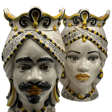 FINE SERIE - Teste di Moro Saturno Ceramica Caltagirone cm H.37 L.22 Artigianale Barocco Ocra Nero - TESTA DI MORO