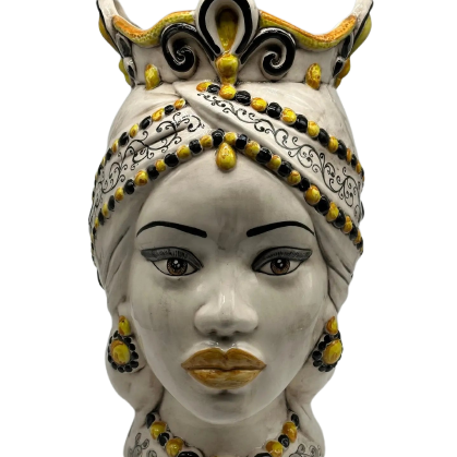 FINE SERIE - Teste di Moro Saturno Ceramica Caltagirone cm H.37 L.22 Artigianale Barocco Ocra Nero - Regina - TESTA