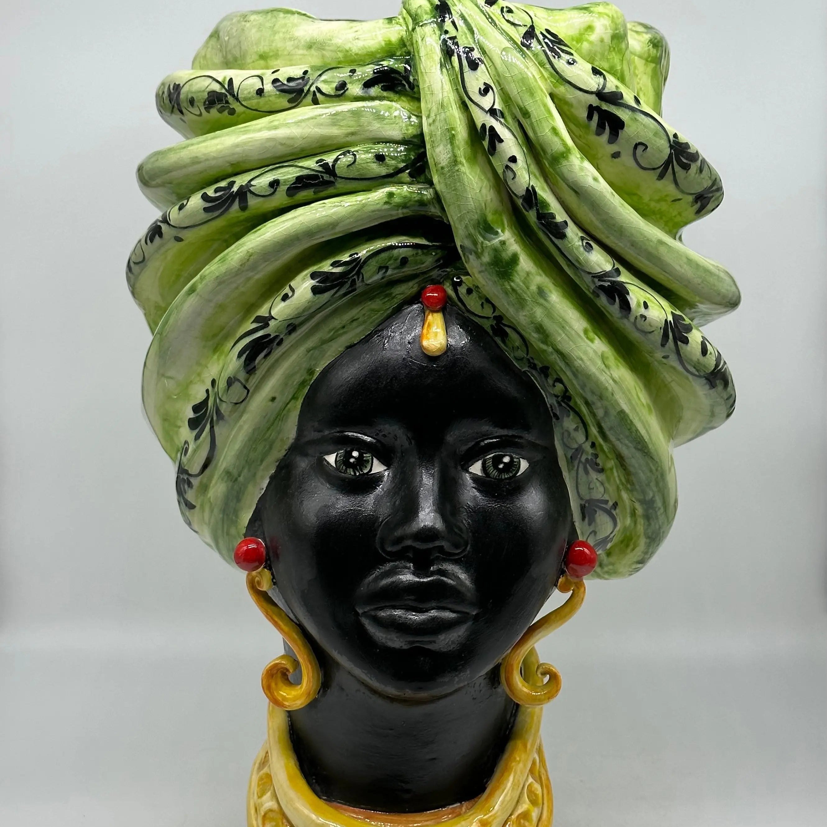FINE SERIE - Teste di Moro Zeus Ceramica Caltagirone cm H.45 L.28 Artigianale Verde Nero DD CERAMICHE SICILIANE