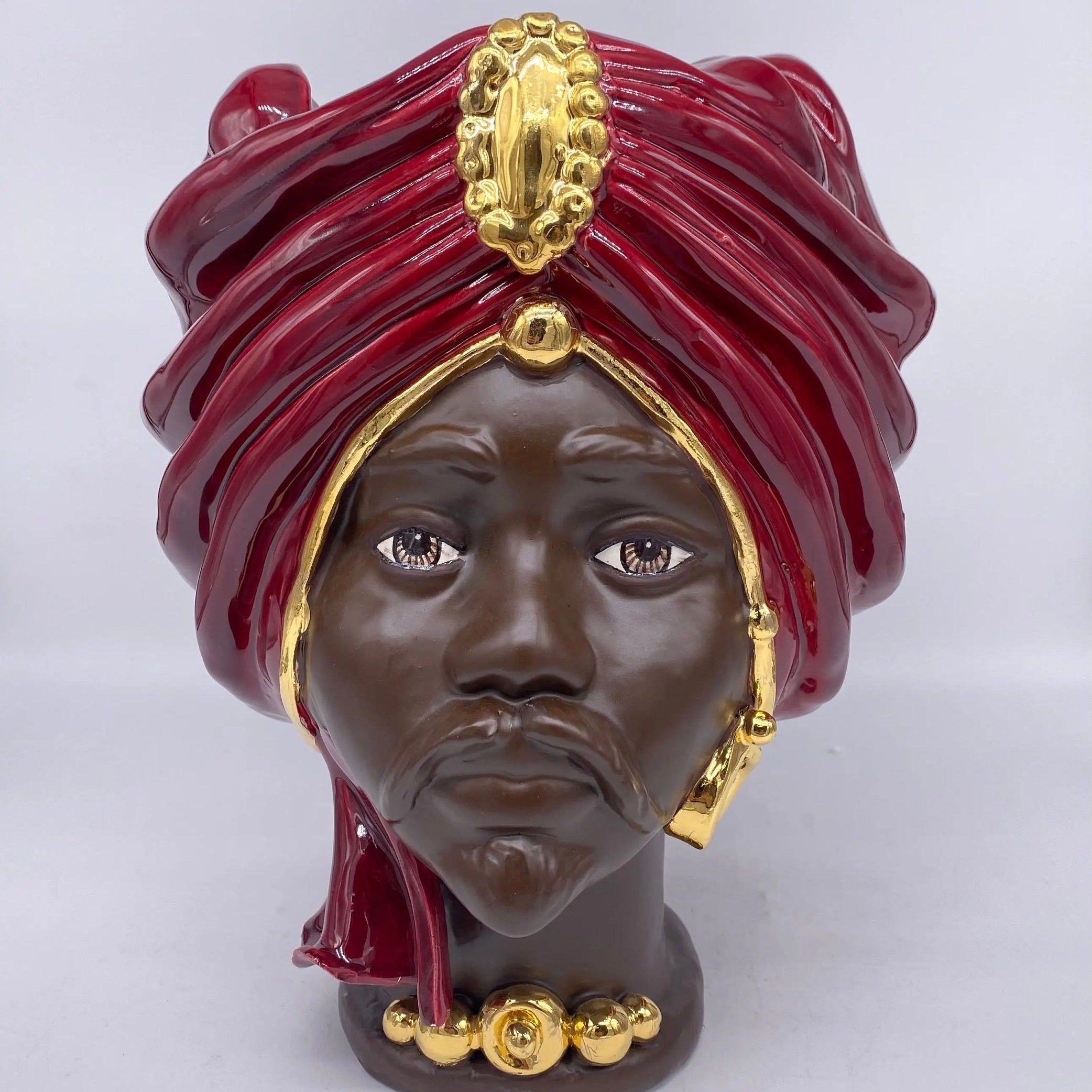 Teste di Moro Atena Ceramica Caltagirone cm H.30 L.23 Artigianale Bordeaux Marrone Oro DD CERAMICHE SICILIANE