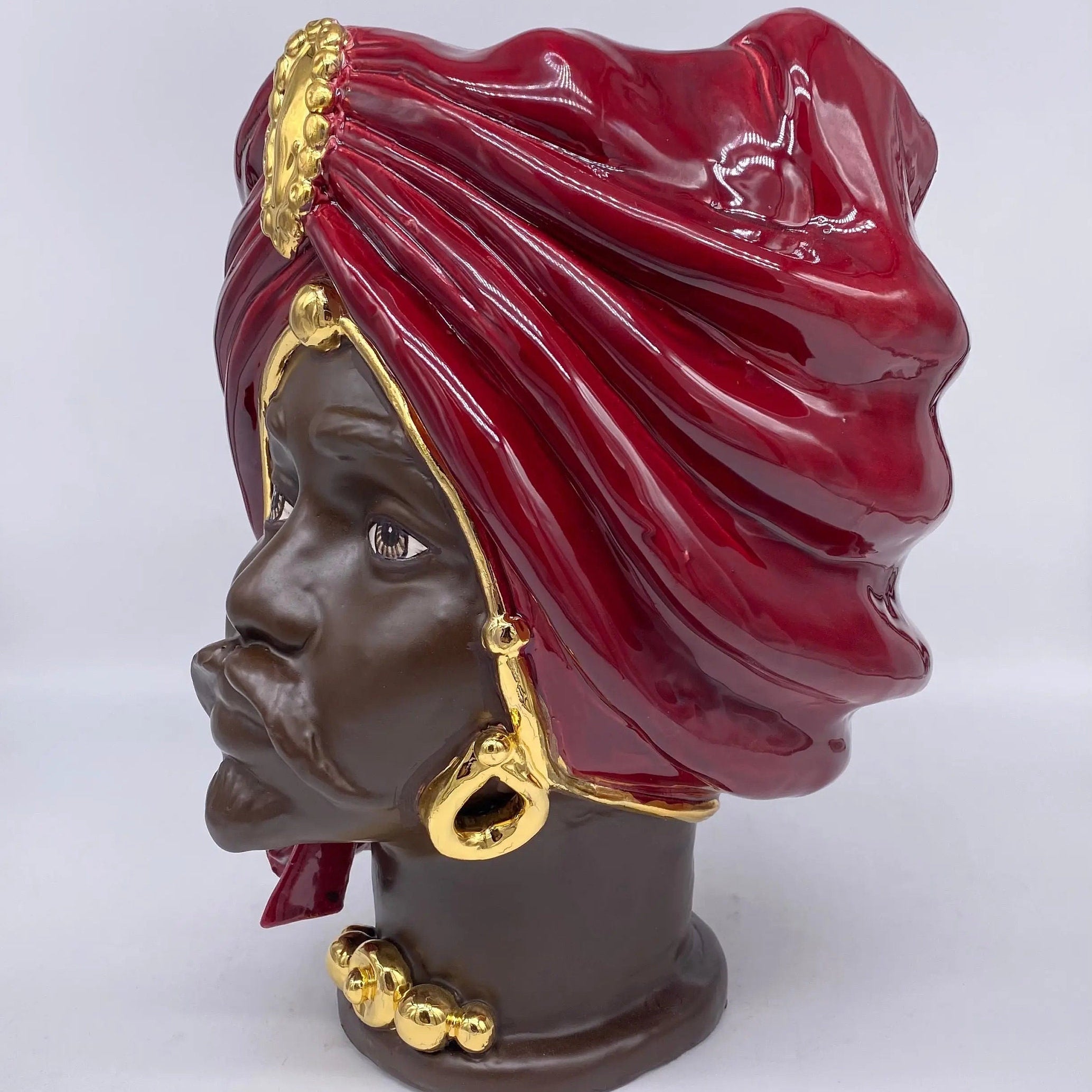 Teste di Moro Atena Ceramica Caltagirone cm H.30 L.23 Artigianale Bordeaux Marrone Oro DD CERAMICHE SICILIANE