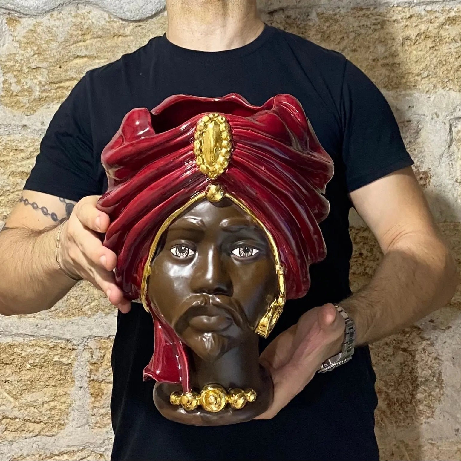 Teste di Moro Atena Ceramica Caltagirone cm H.30 L.23 Artigianale Bordeaux Marrone Oro DD CERAMICHE SICILIANE