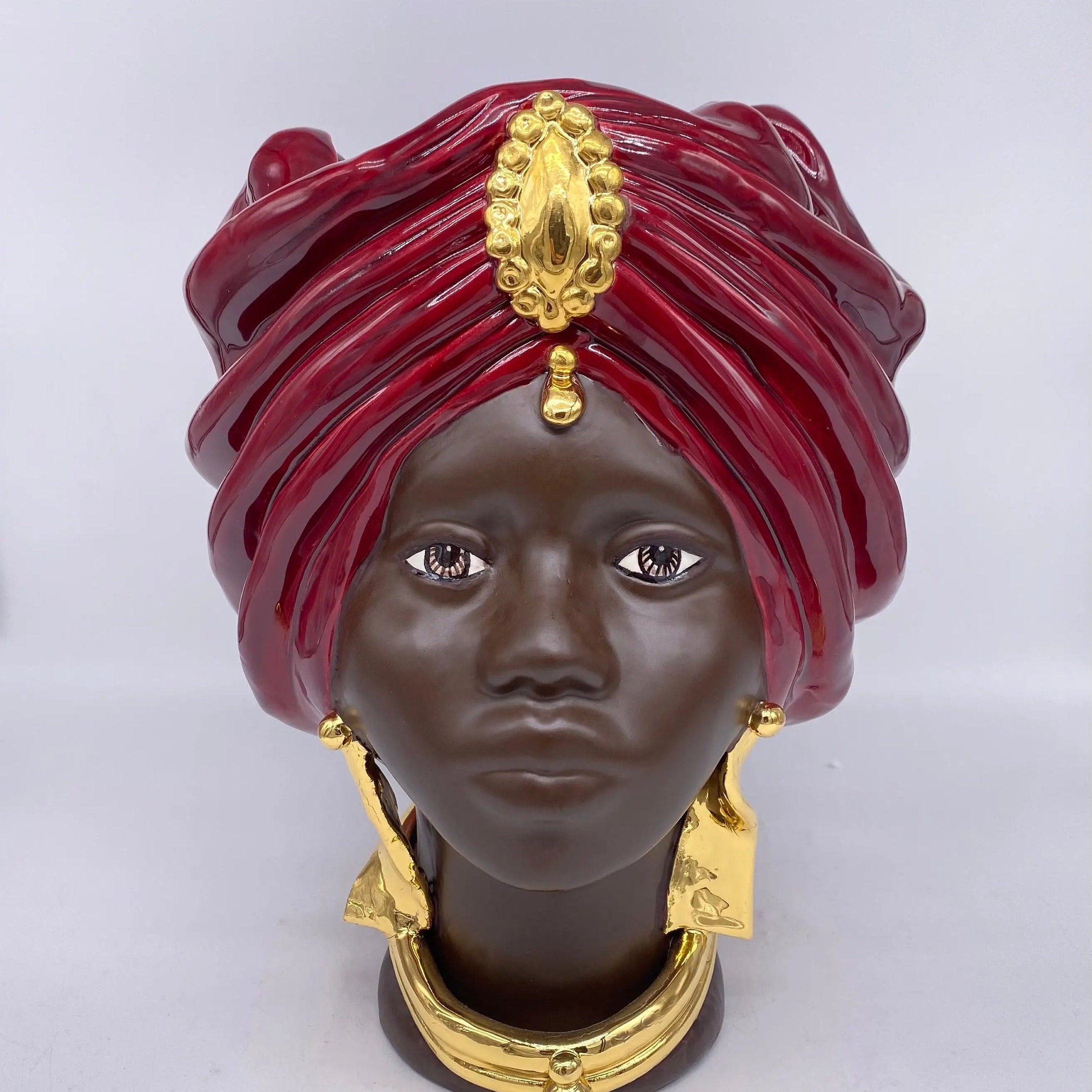 Teste di Moro Atena Ceramica Caltagirone cm H.30 L.23 Artigianale Bordeaux Marrone Oro DD CERAMICHE SICILIANE