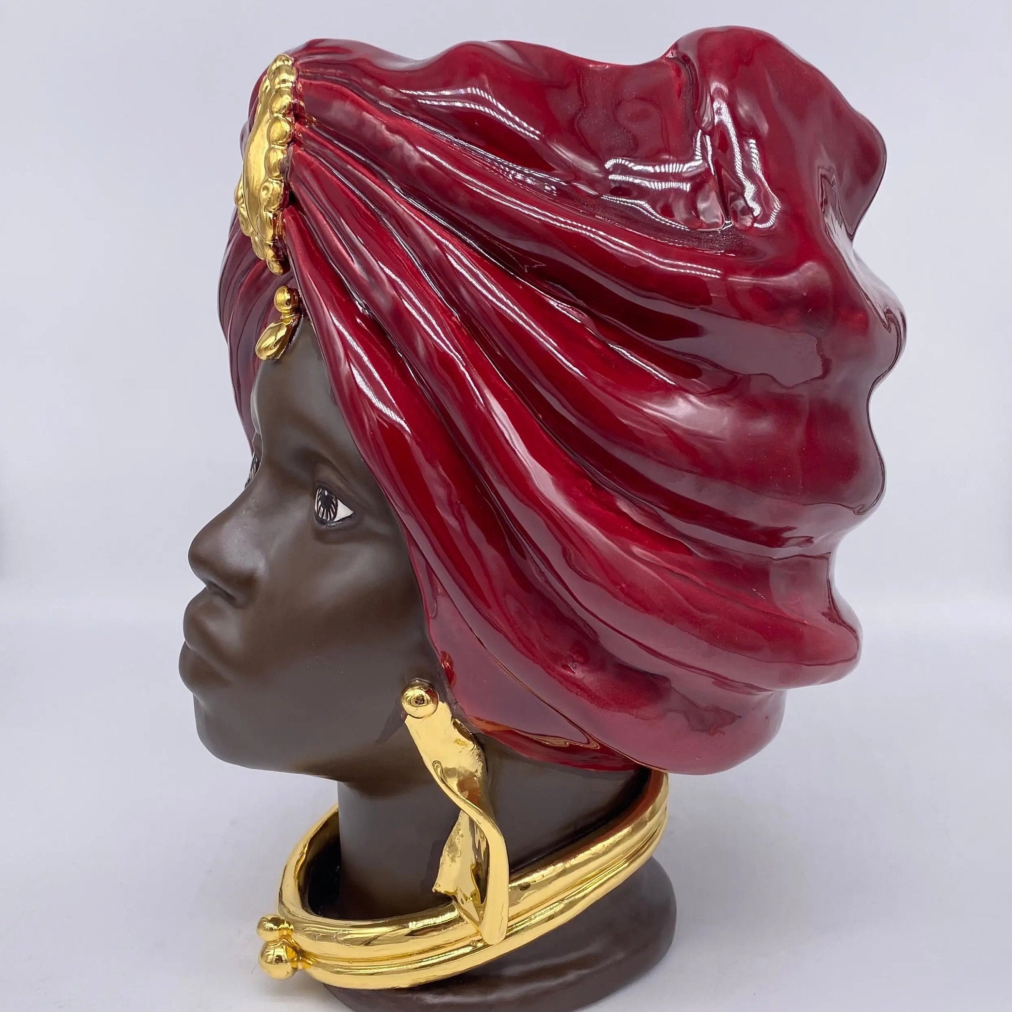 Teste di Moro Atena Ceramica Caltagirone cm H.30 L.23 Artigianale Bordeaux Marrone Oro DD CERAMICHE SICILIANE