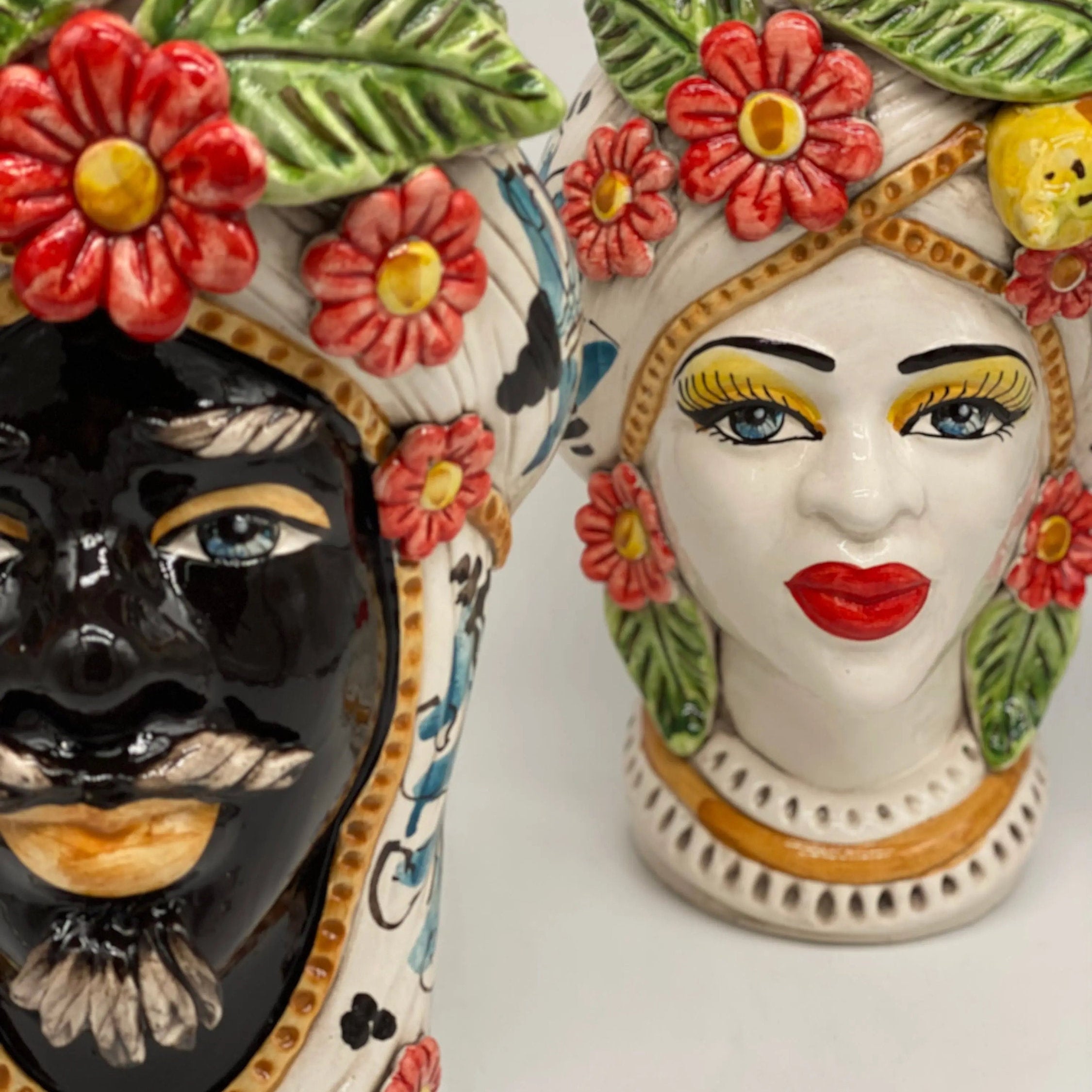 Teste di Moro Moresca Ceramica Caltagirone cm H.28 L.19 Artigianale Turbante Barocco Fiori Limoni DD CERAMICHE SICILIANE