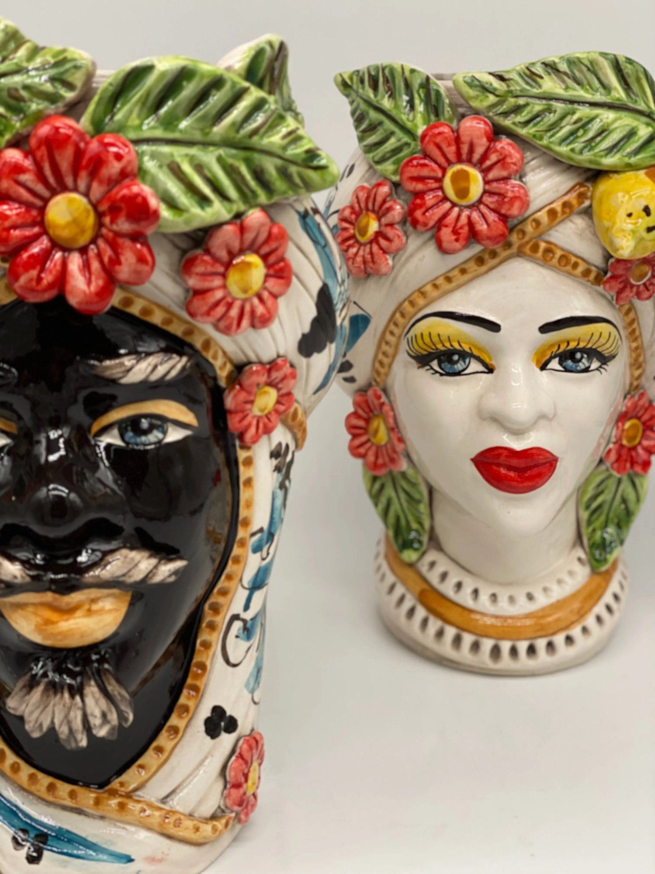 Teste di Moro Moresca Ceramica Caltagirone cm H.28 L.19 Artigianale Turbante Barocco Fiori Limoni DD CERAMICHE SICILIANE