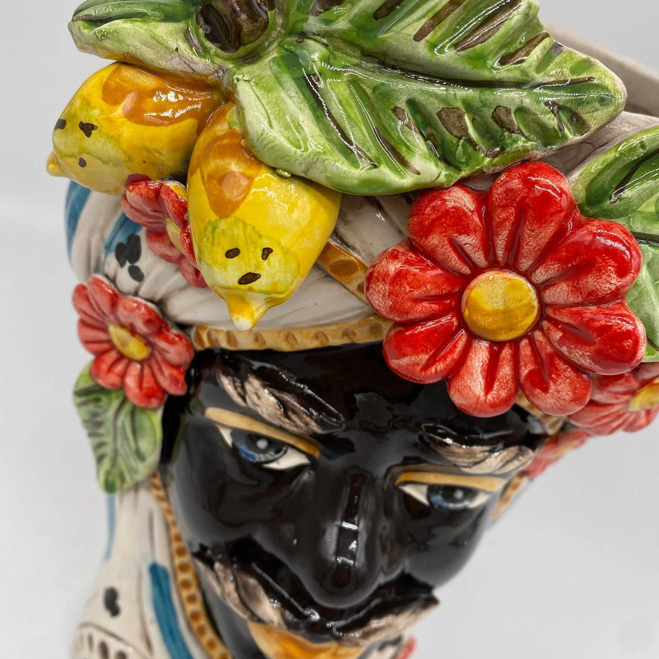 Teste di Moro Moresca Ceramica Caltagirone cm H.28 L.19 Artigianale Turbante Barocco Fiori Limoni DD CERAMICHE SICILIANE