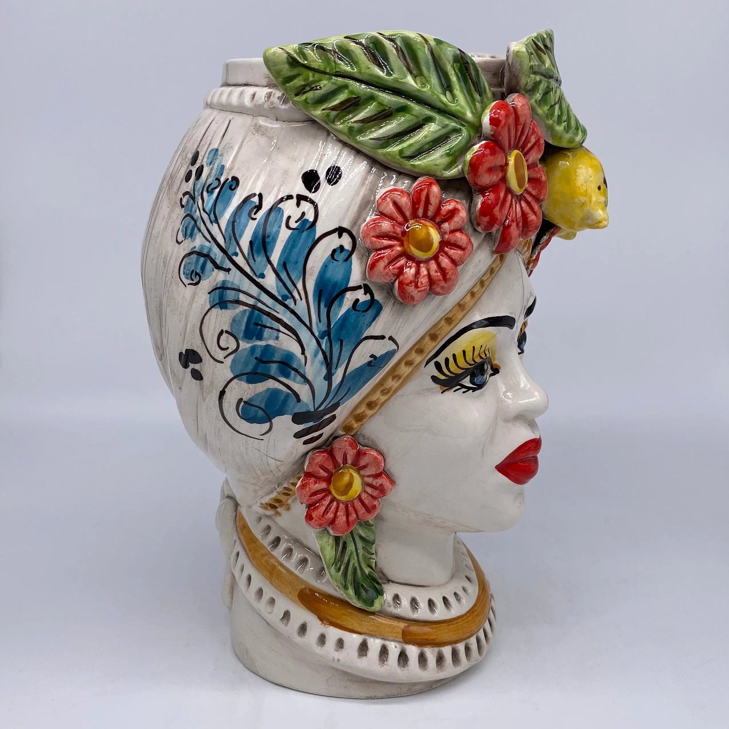 Teste di Moro Moresca Ceramica Caltagirone cm H.28 L.19 Artigianale Turbante Barocco Fiori Limoni DD CERAMICHE SICILIANE