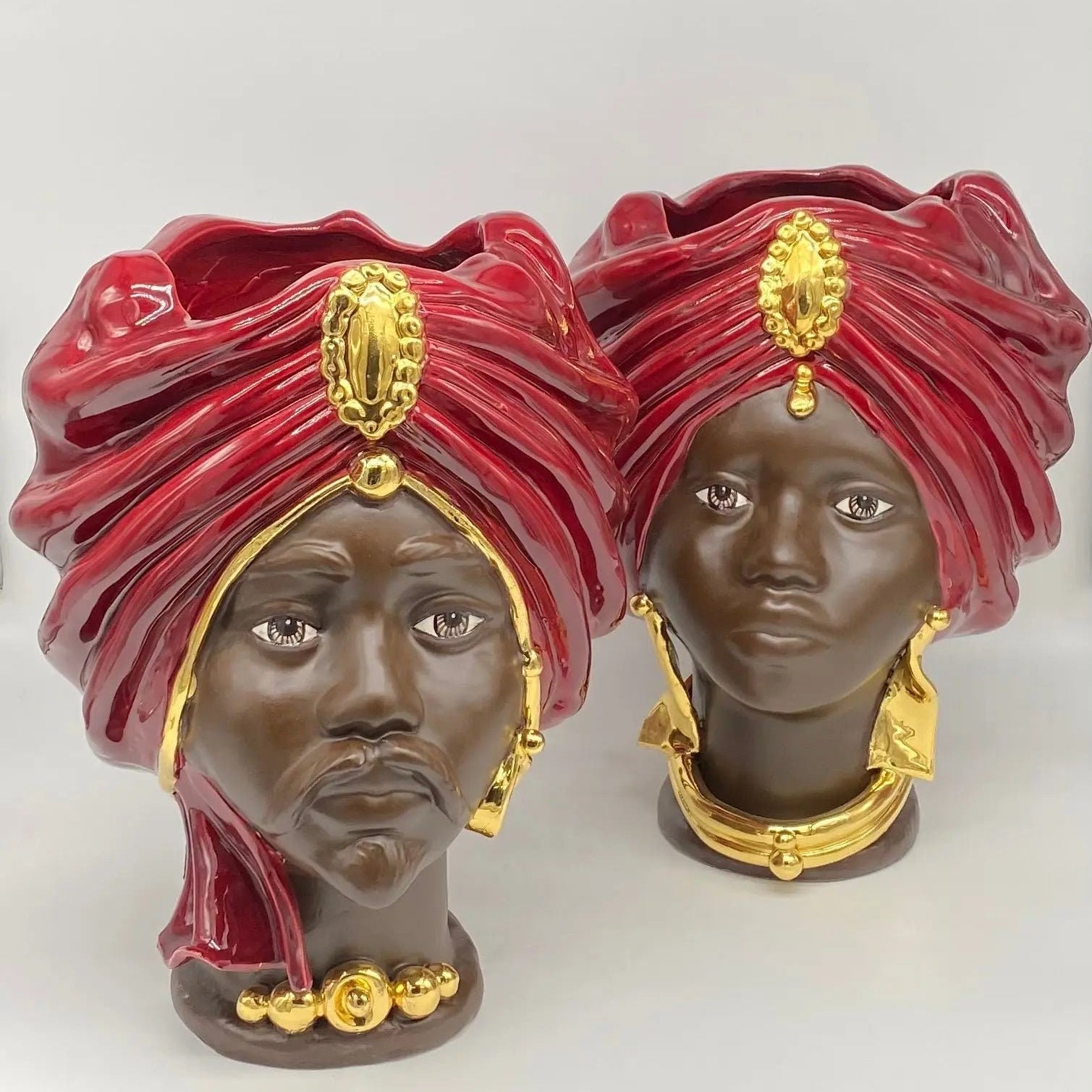 Teste di Moro Atena Ceramica Caltagirone cm H.30 L.23 Artigianale Bordeaux Marrone Oro DD CERAMICHE SICILIANE