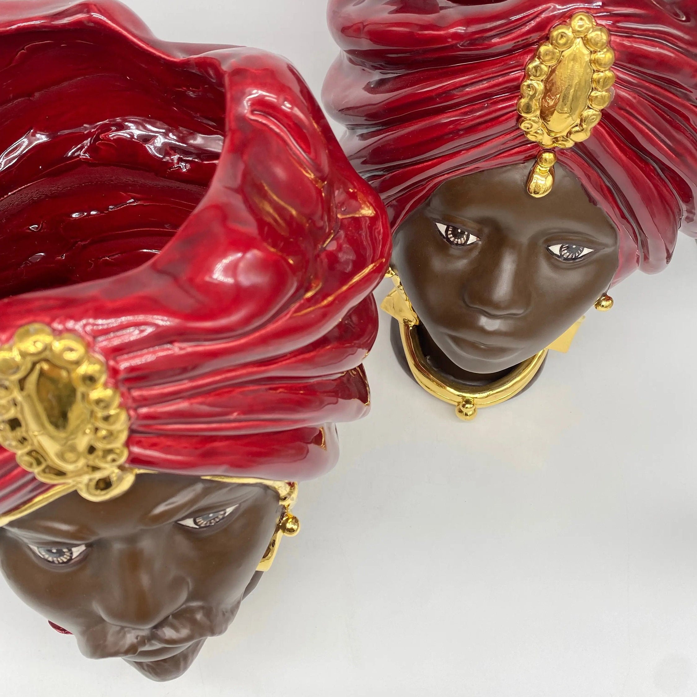 Teste di Moro Atena Ceramica Caltagirone cm H.30 L.23 Artigianale Bordeaux Marrone Oro DD CERAMICHE SICILIANE