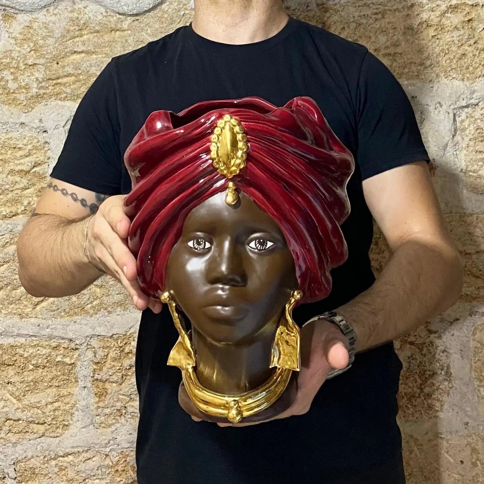 Teste di Moro Atena Ceramica Caltagirone cm H.30 L.23 Artigianale Bordeaux Marrone Oro DD CERAMICHE SICILIANE