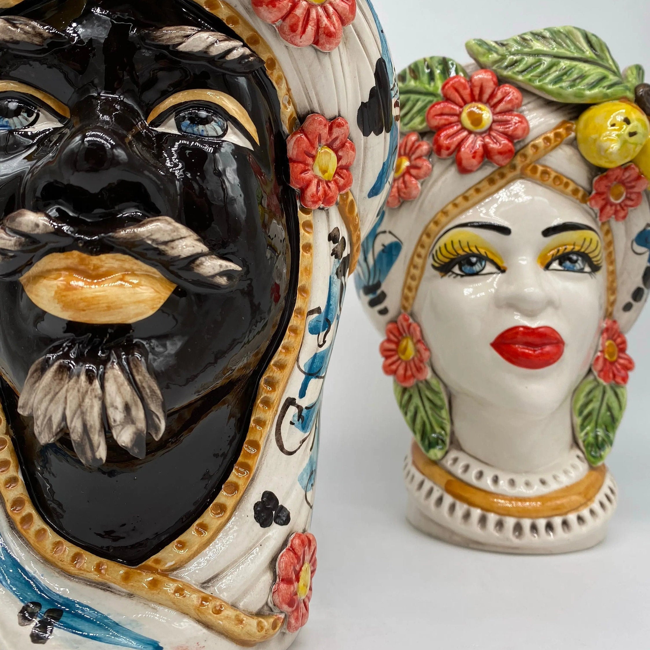 Teste di Moro Moresca Ceramica Caltagirone cm H.28 L.19 Artigianale Turbante Barocco Fiori Limoni DD CERAMICHE SICILIANE