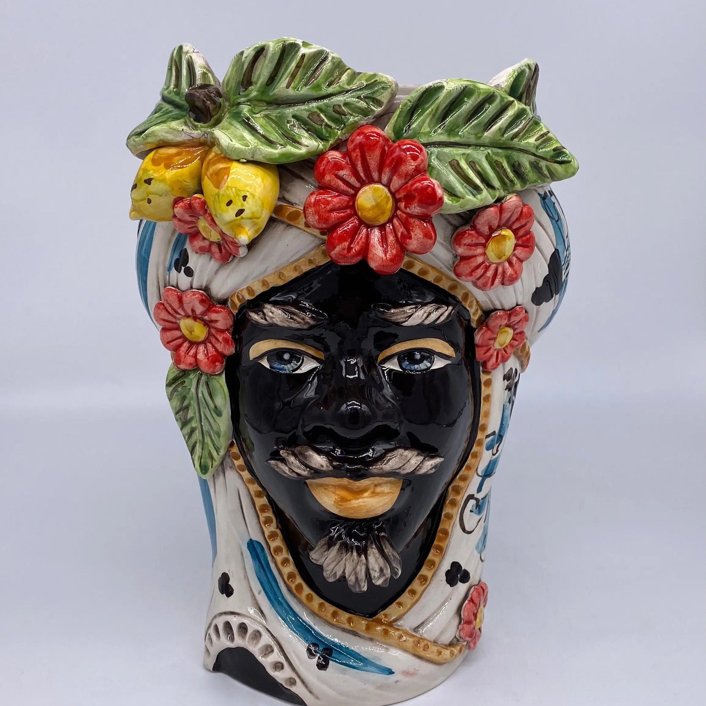 Teste di Moro Moresca Ceramica Caltagirone cm H.28 L.19 Artigianale Turbante Barocco Fiori Limoni DD CERAMICHE SICILIANE