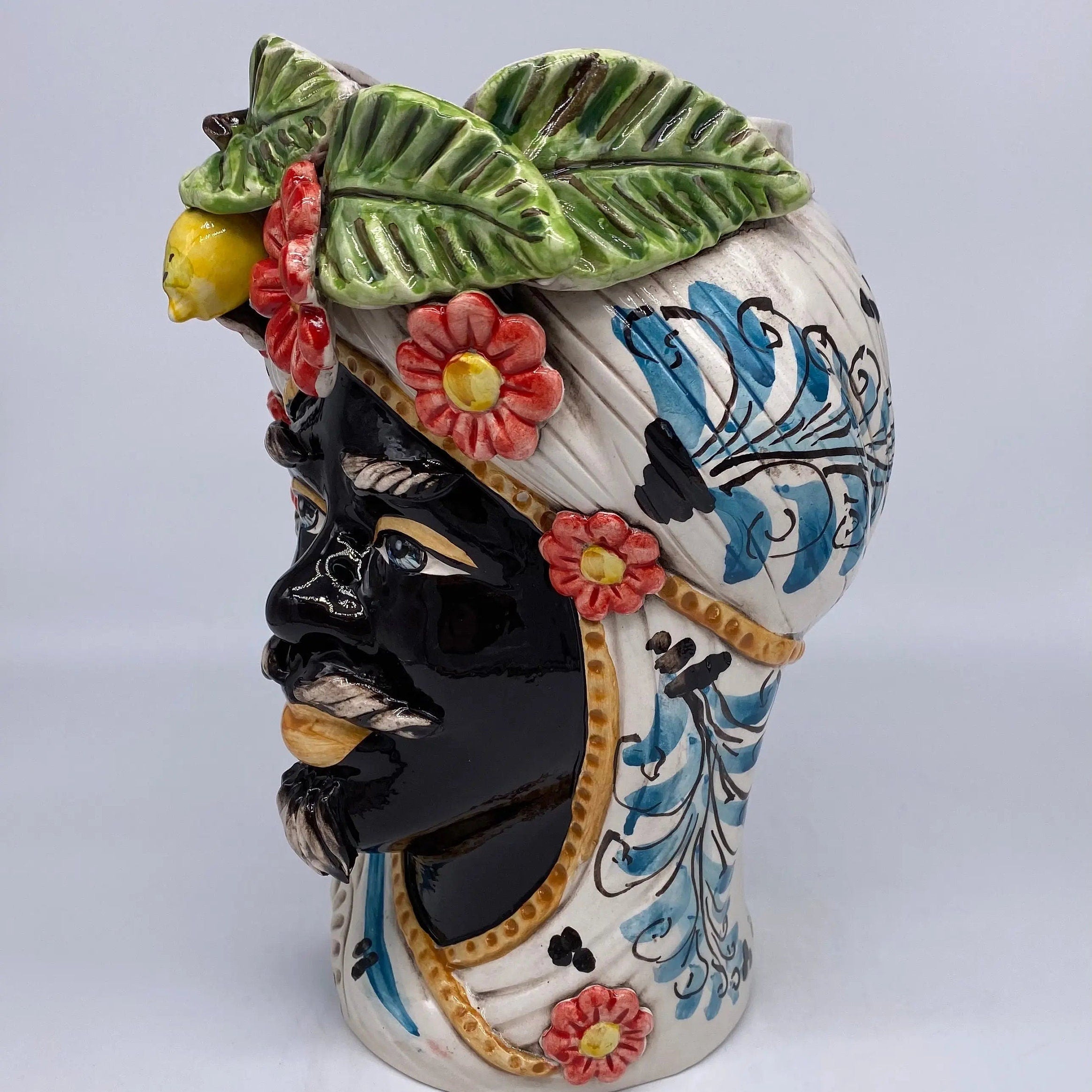 Teste di Moro Moresca Ceramica Caltagirone cm H.28 L.19 Artigianale Turbante Barocco Fiori Limoni DD CERAMICHE SICILIANE