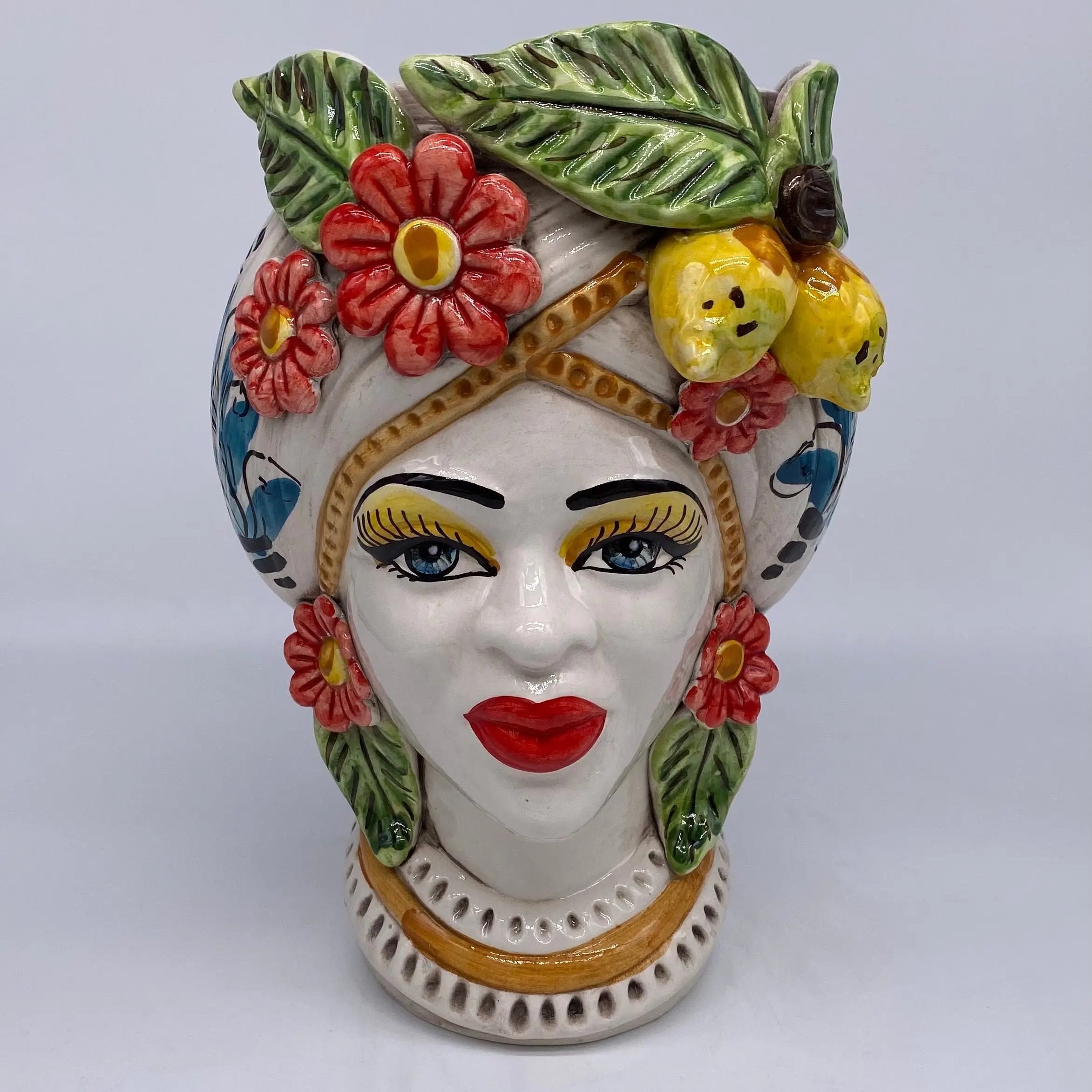Teste di Moro Moresca Ceramica Caltagirone cm H.28 L.19 Artigianale Turbante Barocco Fiori Limoni DD CERAMICHE SICILIANE