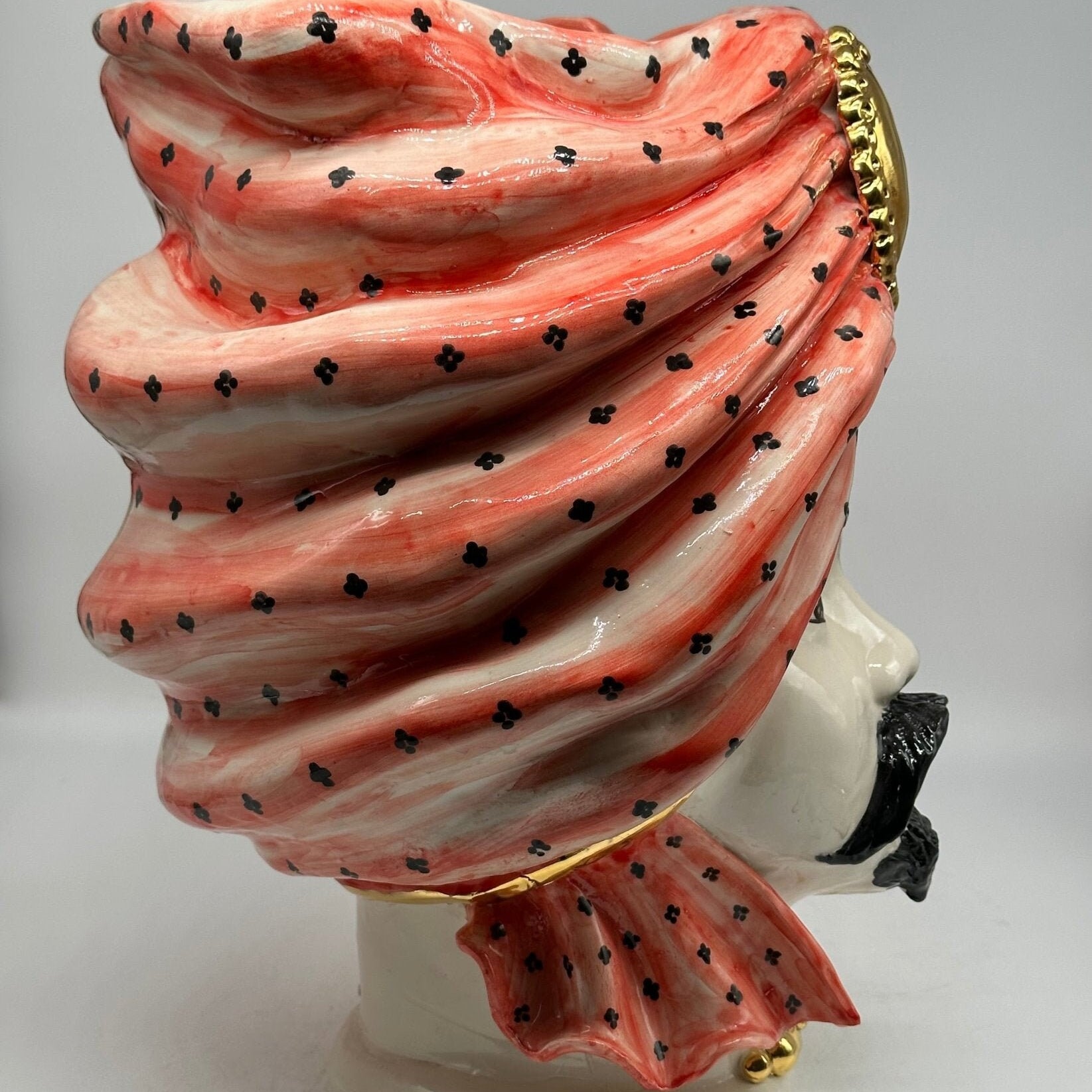 Teste di Moro Atena Ceramica Caltagirone cm H.40 L.28 Artigianale Rosso Bianco Oro - DD CERAMICHE SICILIANE