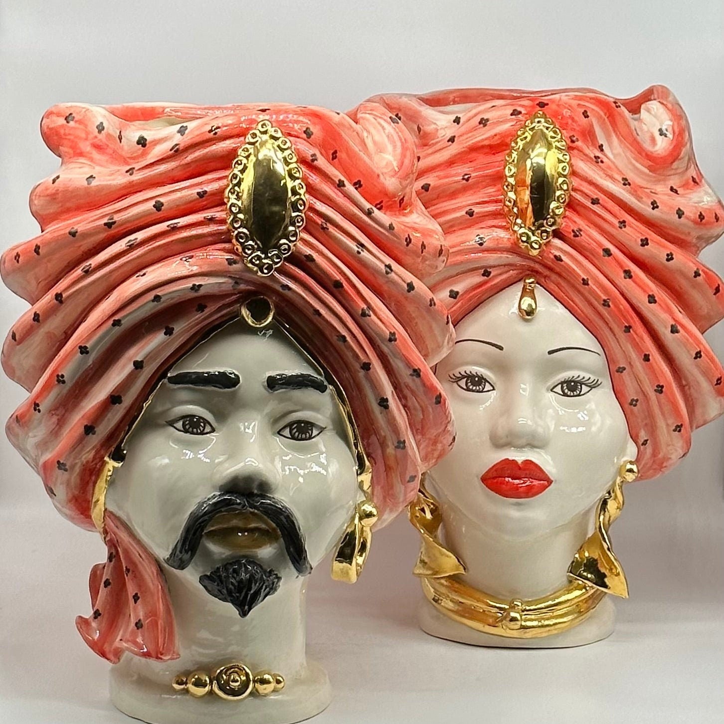 Teste di Moro Atena Ceramica Caltagirone cm H.40 L.28 Artigianale Rosso Bianco Oro - DD CERAMICHE SICILIANE