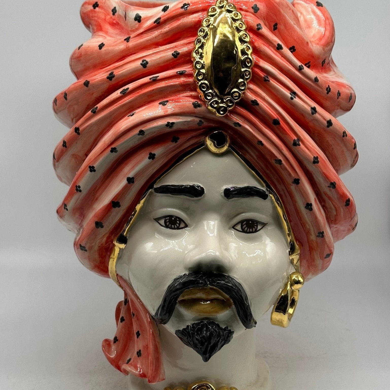 Teste di Moro Atena Ceramica Caltagirone cm H.40 L.28 Artigianale Rosso Bianco Oro - DD CERAMICHE SICILIANE