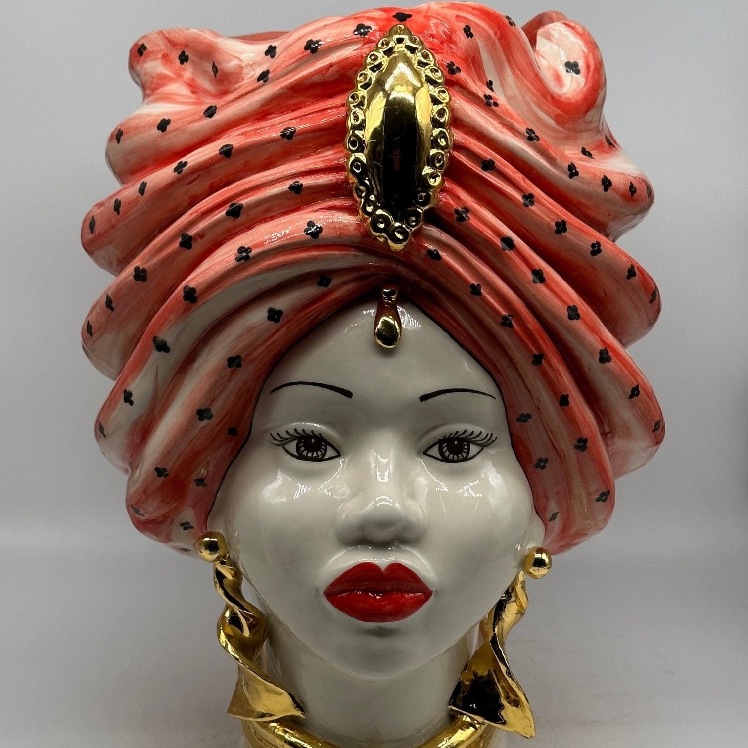 Teste di Moro Atena Ceramica Caltagirone cm H.40 L.28 Artigianale Rosso Bianco Oro - DD CERAMICHE SICILIANE