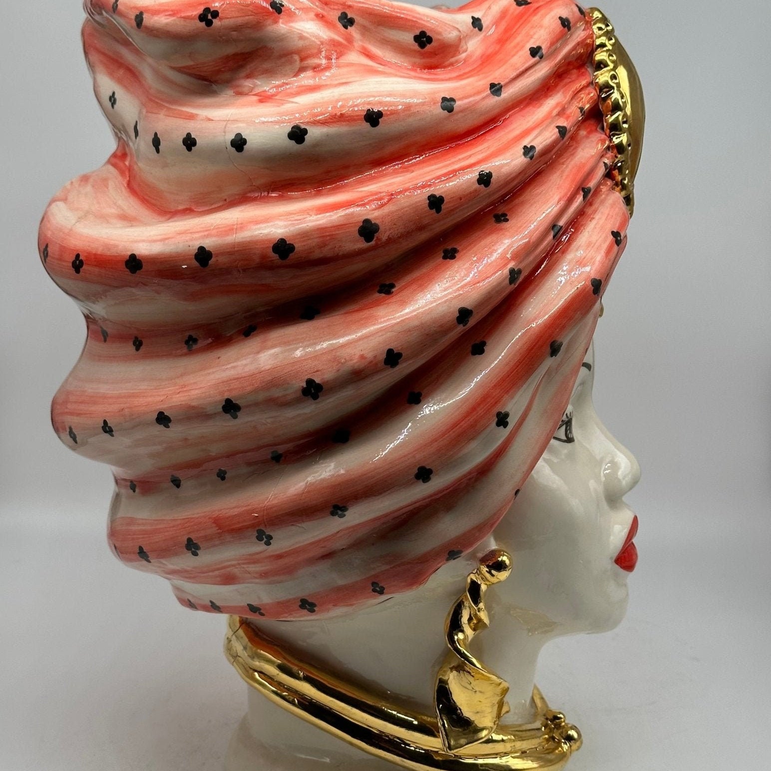 Teste di Moro Atena Ceramica Caltagirone cm H.40 L.28 Artigianale Rosso Bianco Oro - DD CERAMICHE SICILIANE