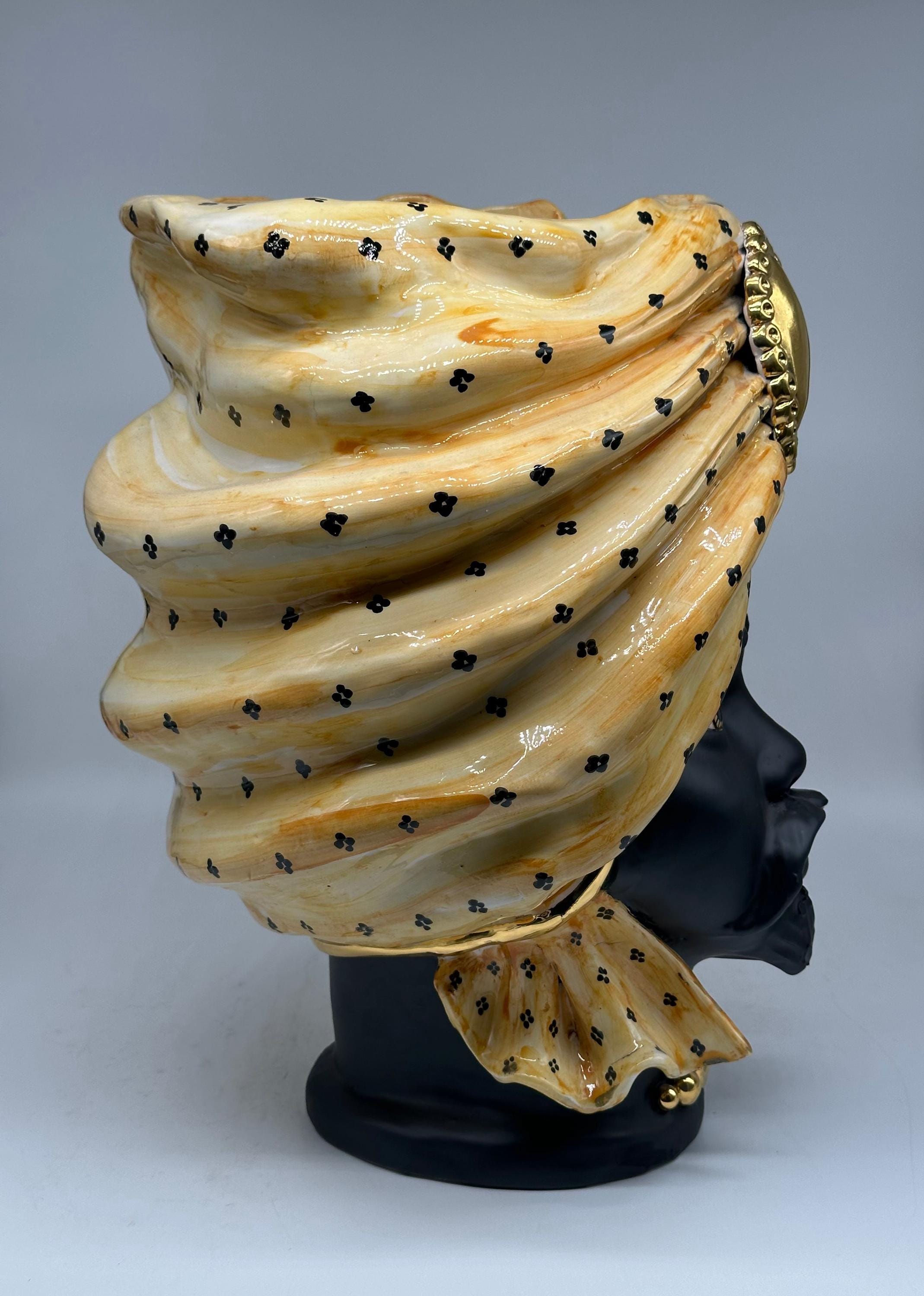 Teste di Moro Atena Ceramica Caltagirone cm H.40 L.28 Artigianale Arancio Pois Nero Oro - TESTA DI MORO
