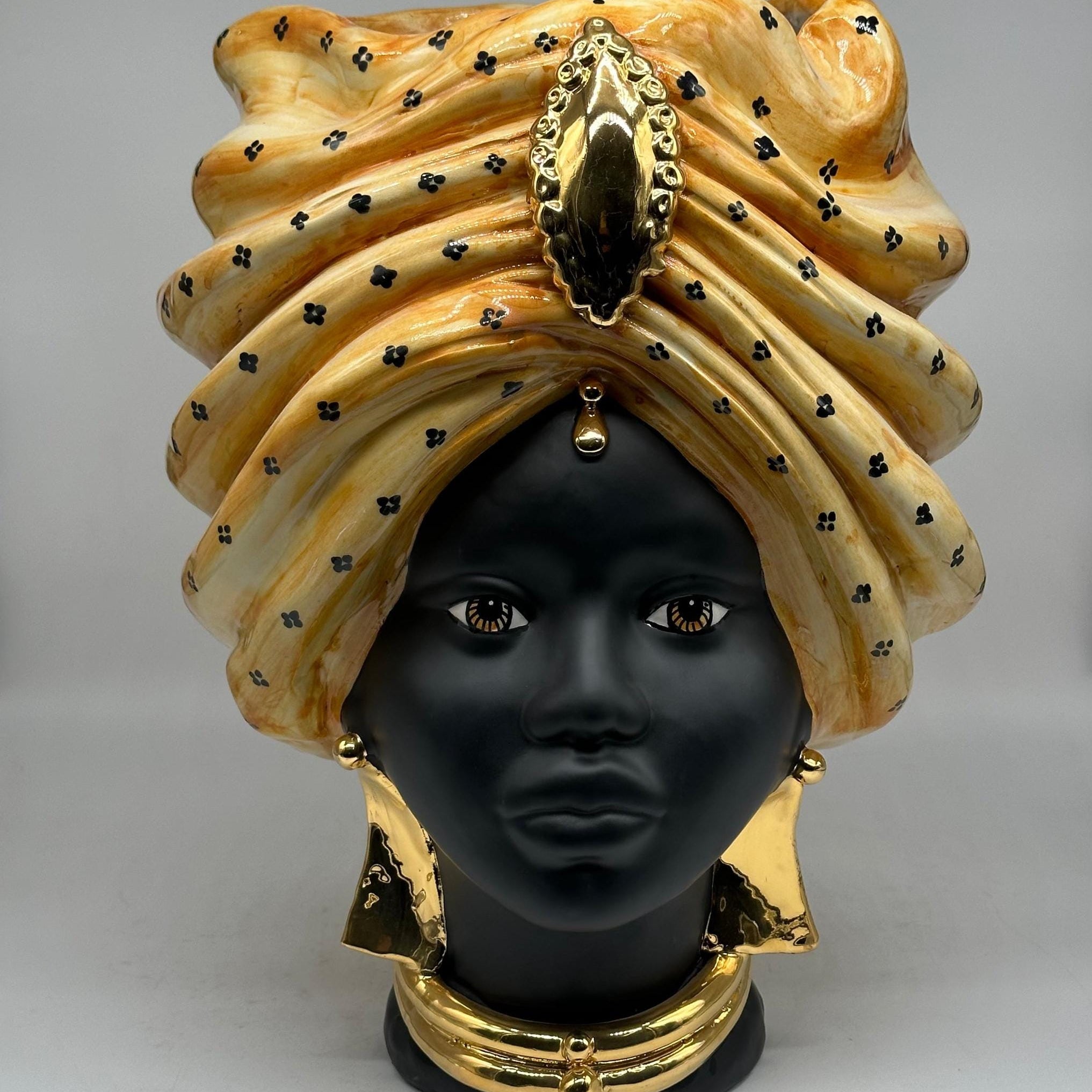 Teste di Moro Atena Ceramica Caltagirone cm H.40 L.28 Artigianale Arancio Pois Nero Oro - Donna - TESTA DI MORO