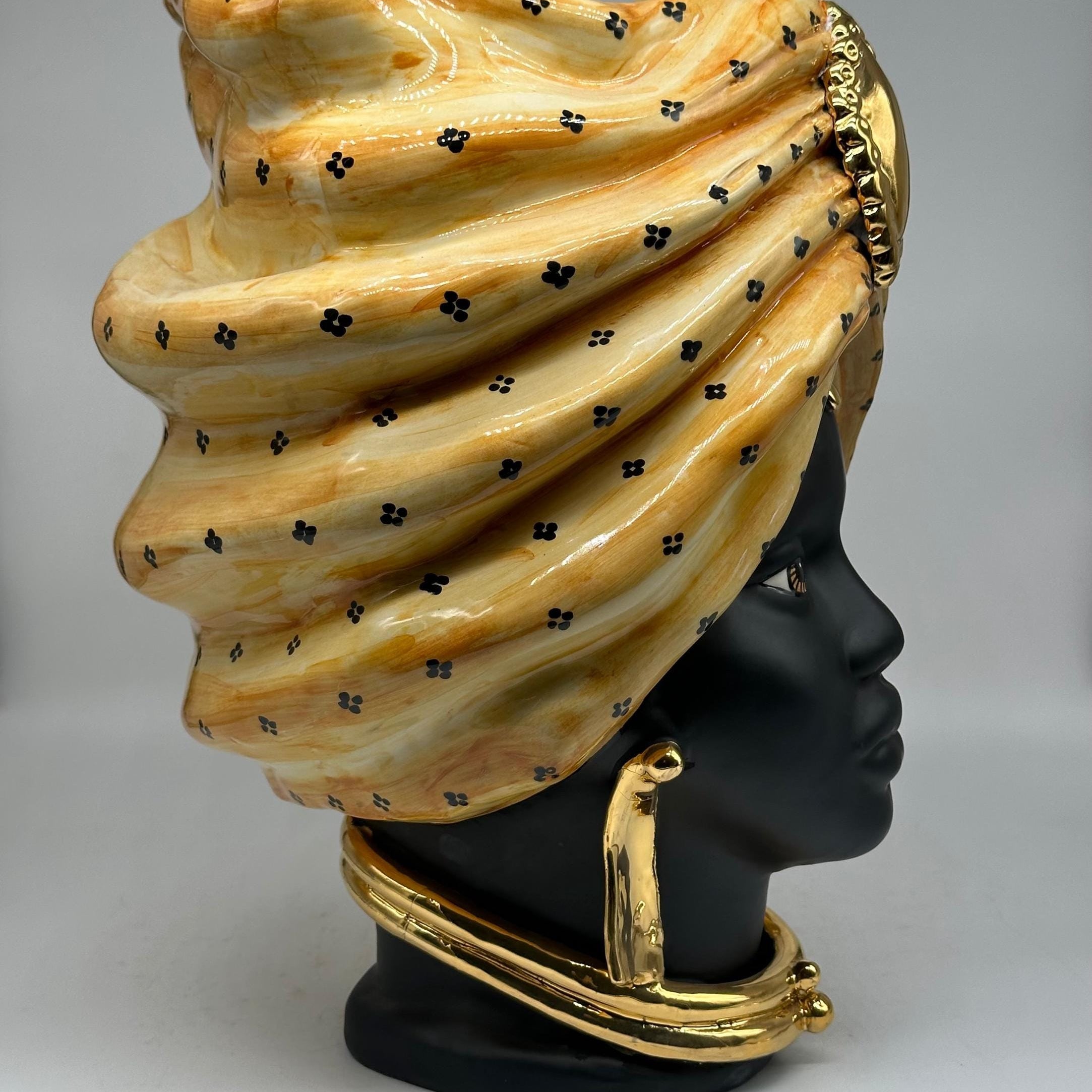 Teste di Moro Atena Ceramica Caltagirone cm H.40 L.28 Artigianale Arancio Pois Nero Oro - TESTA DI MORO
