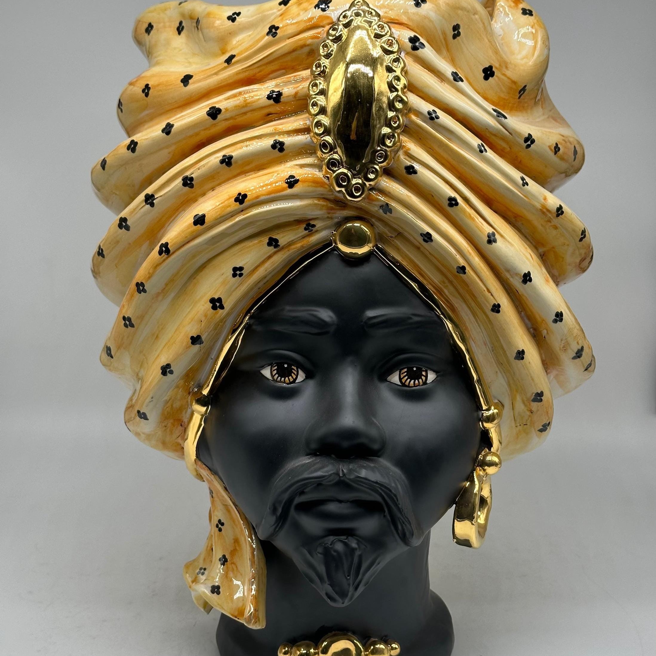 Teste di Moro Atena Ceramica Caltagirone cm H.40 L.28 Artigianale Arancio Pois Nero Oro - Uomo - TESTA DI MORO