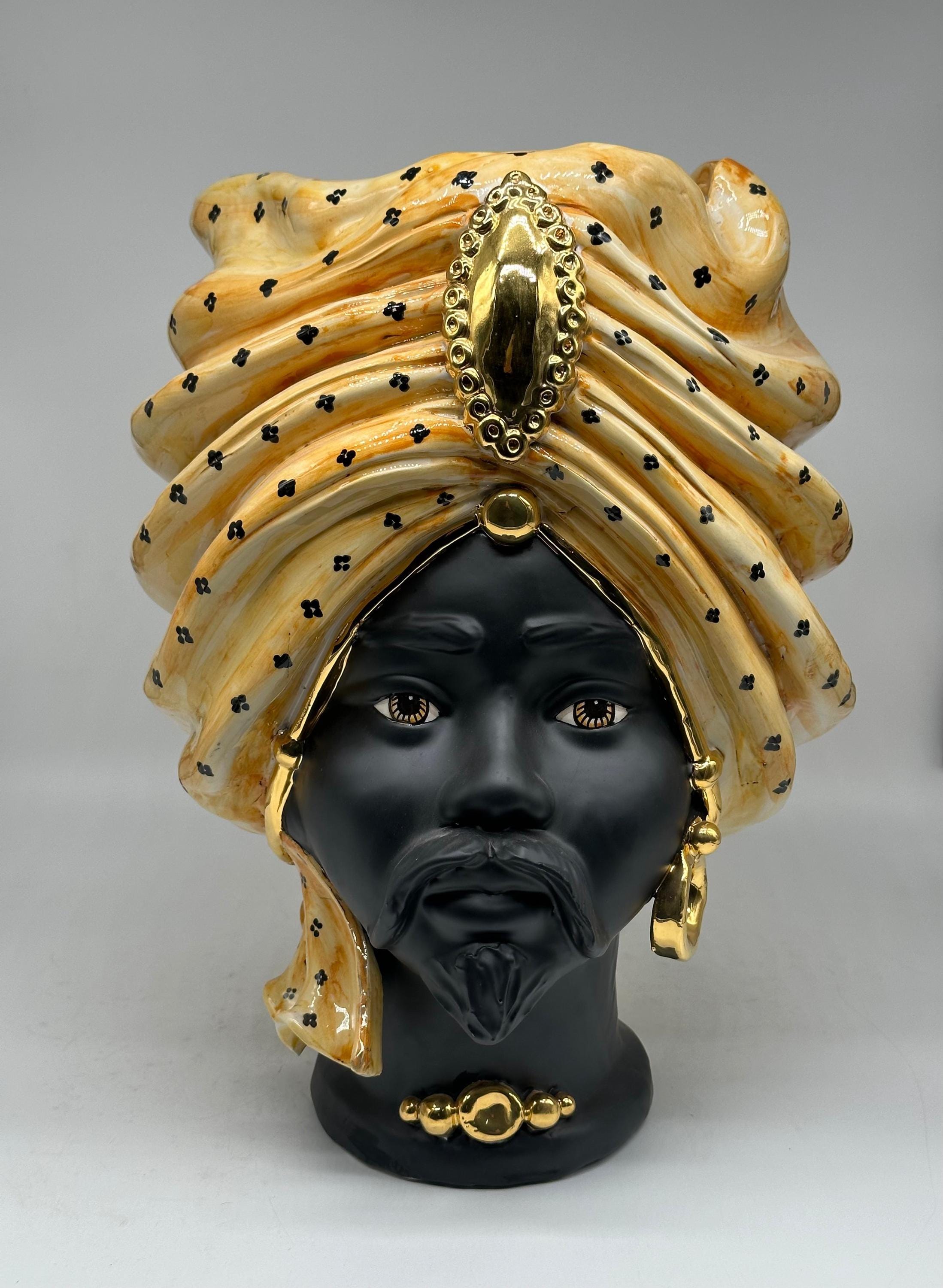 Teste di Moro Atena Ceramica Caltagirone cm H.40 L.28 Artigianale Arancio Pois Nero Oro - Uomo - TESTA DI MORO