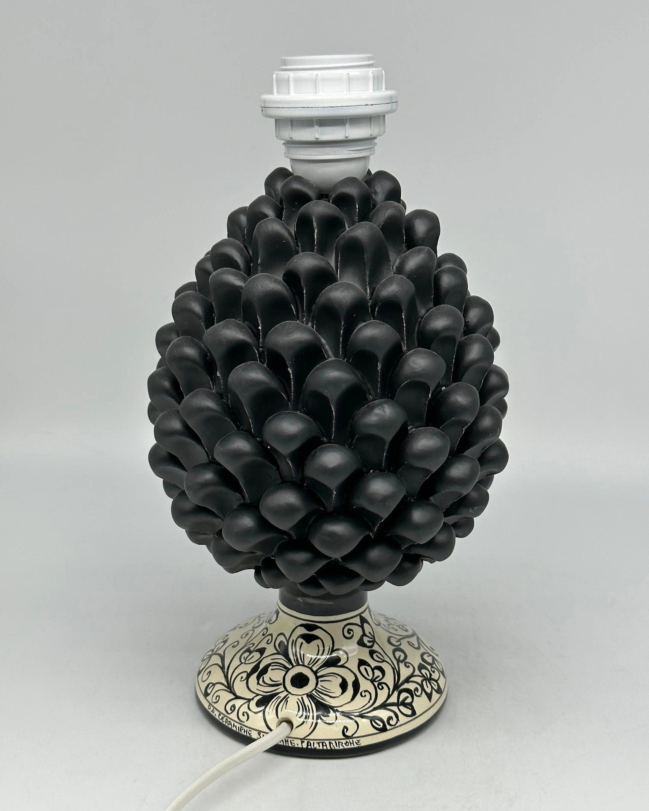 Lampada Pigna Ceramica Caltagirone cm H.25 Artigianale Nero Opaco Base Decorata DD CERAMICHE SICILIANE