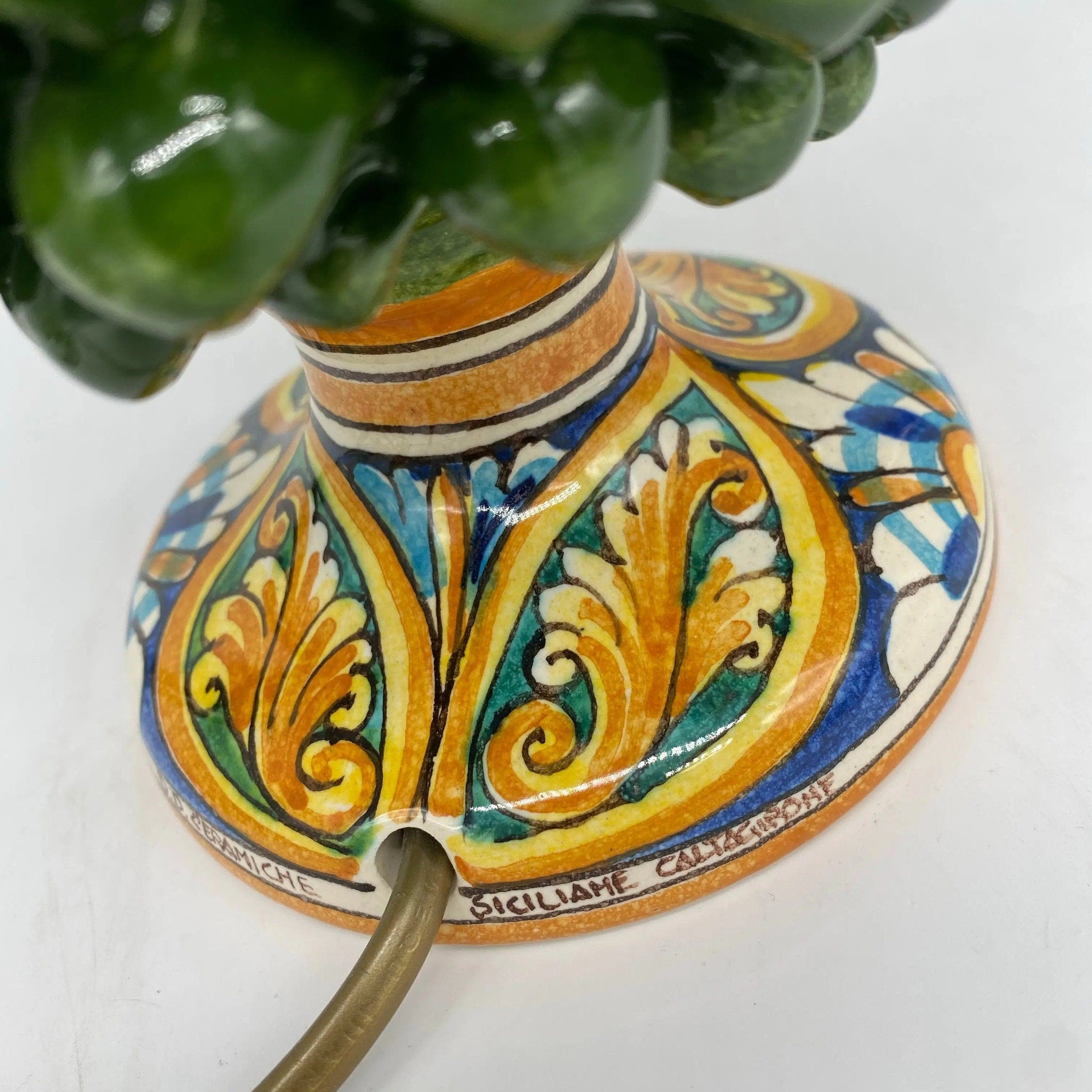 Lampada Pigna Ceramica Caltagirone cm H.25 Artigianale Verde Prato Base Decorata DD CERAMICHE SICILIANE