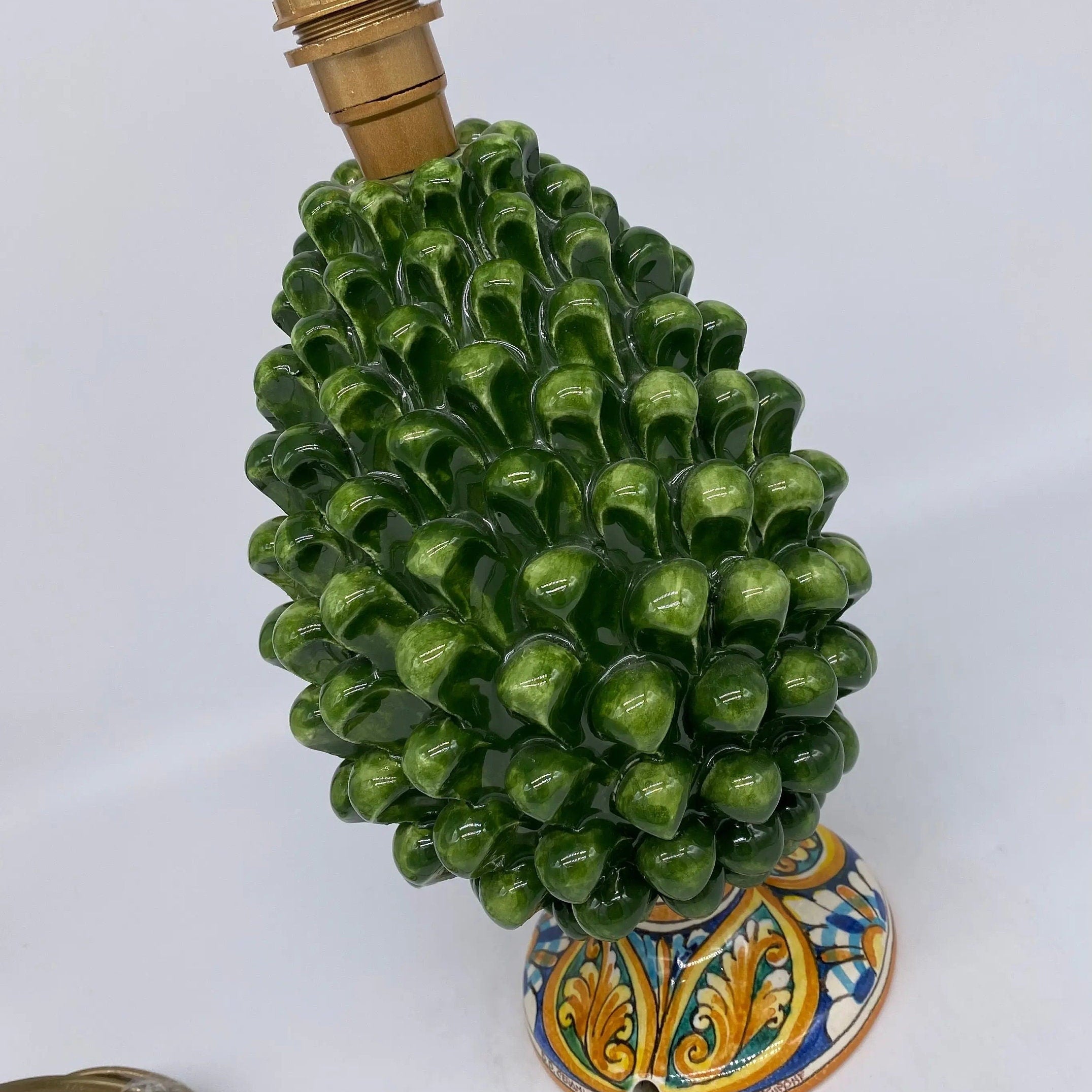 Lampada Pigna Ceramica Caltagirone cm H.25 Artigianale Verde Prato Base Decorata DD CERAMICHE SICILIANE
