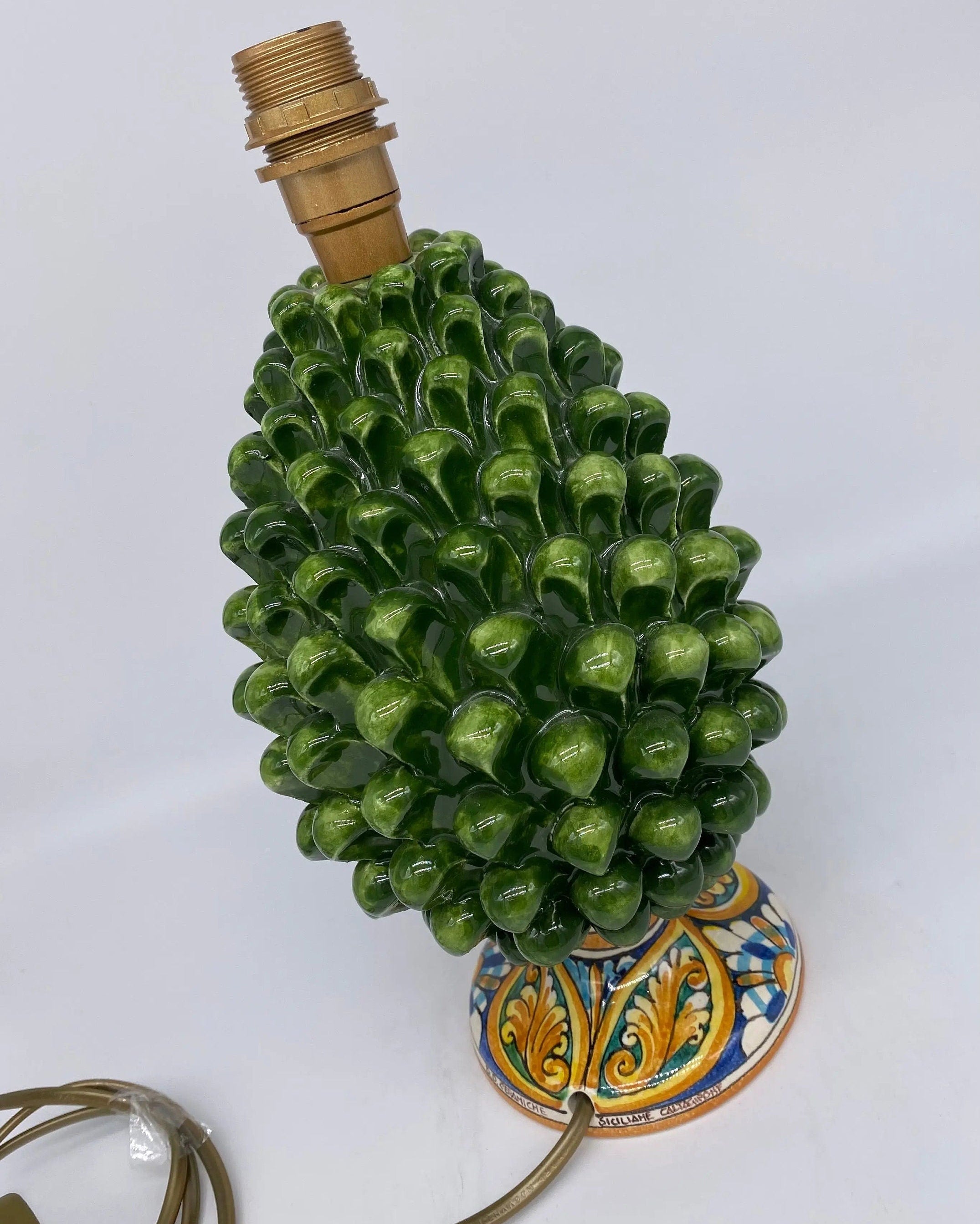 Lampada Pigna Ceramica Caltagirone cm H.25 Artigianale Verde Prato Base Decorata DD CERAMICHE SICILIANE