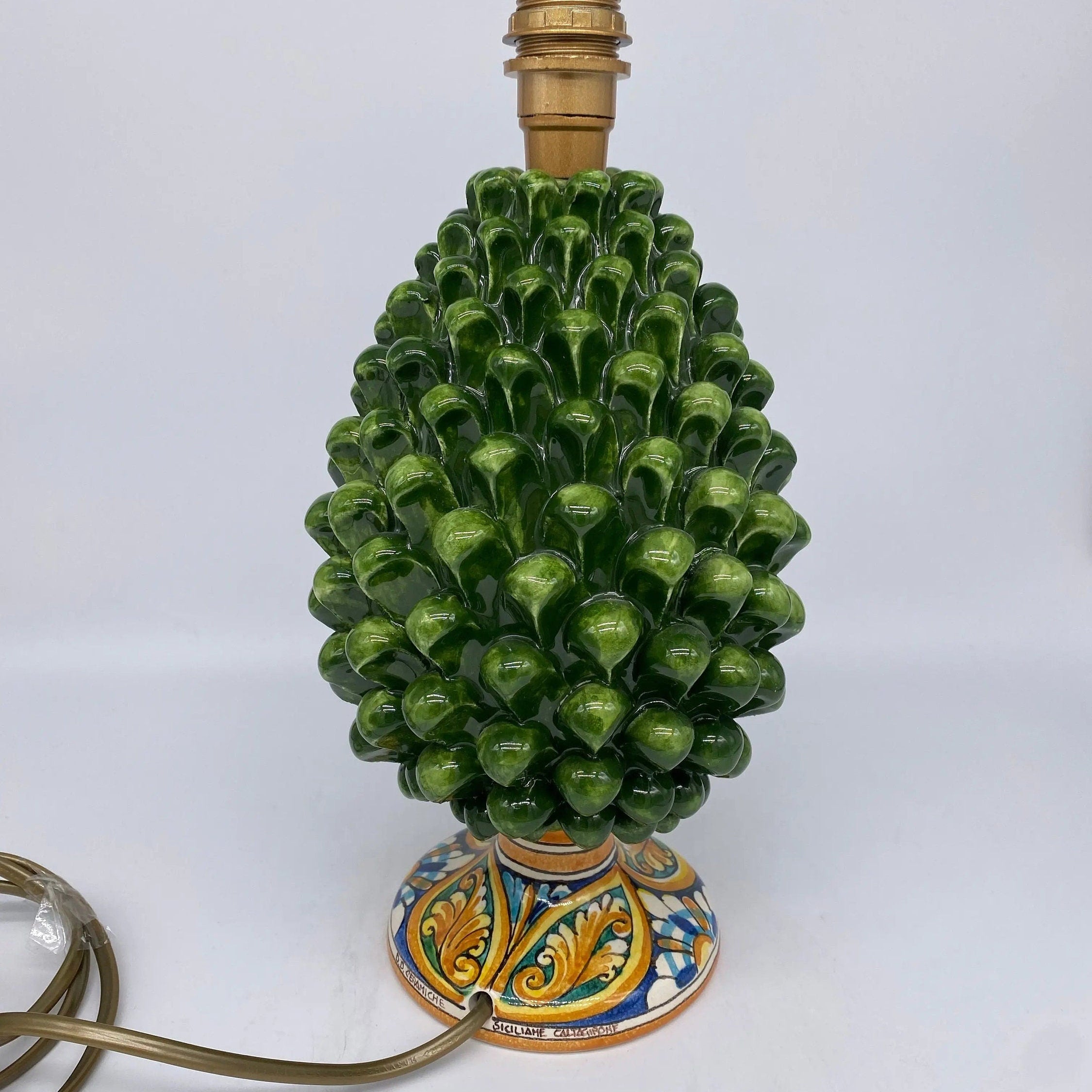 Lampada Pigna Ceramica Caltagirone cm H.25 Artigianale Verde Prato Base Decorata DD CERAMICHE SICILIANE