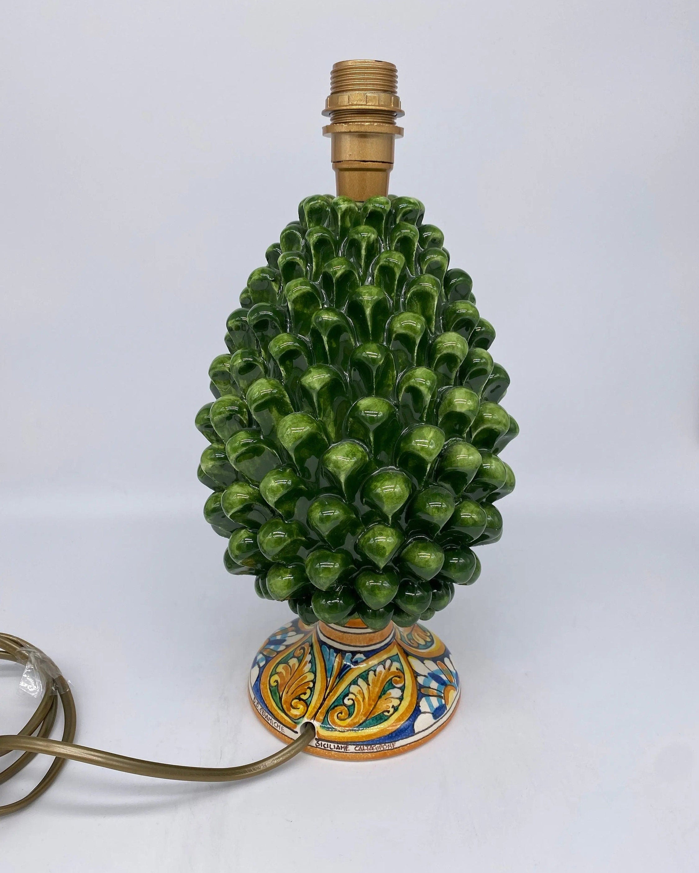 Lampada Pigna Ceramica Caltagirone cm H.25 Artigianale Verde Prato Base Decorata DD CERAMICHE SICILIANE