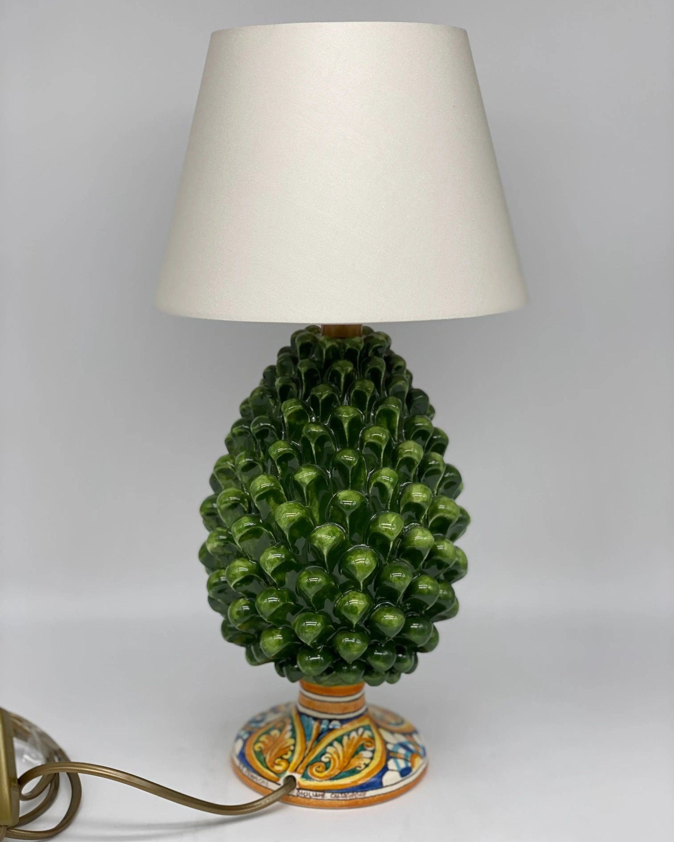 Lampada Pigna Ceramica Caltagirone cm H.25 Artigianale Verde Prato Base Decorata DD CERAMICHE SICILIANE