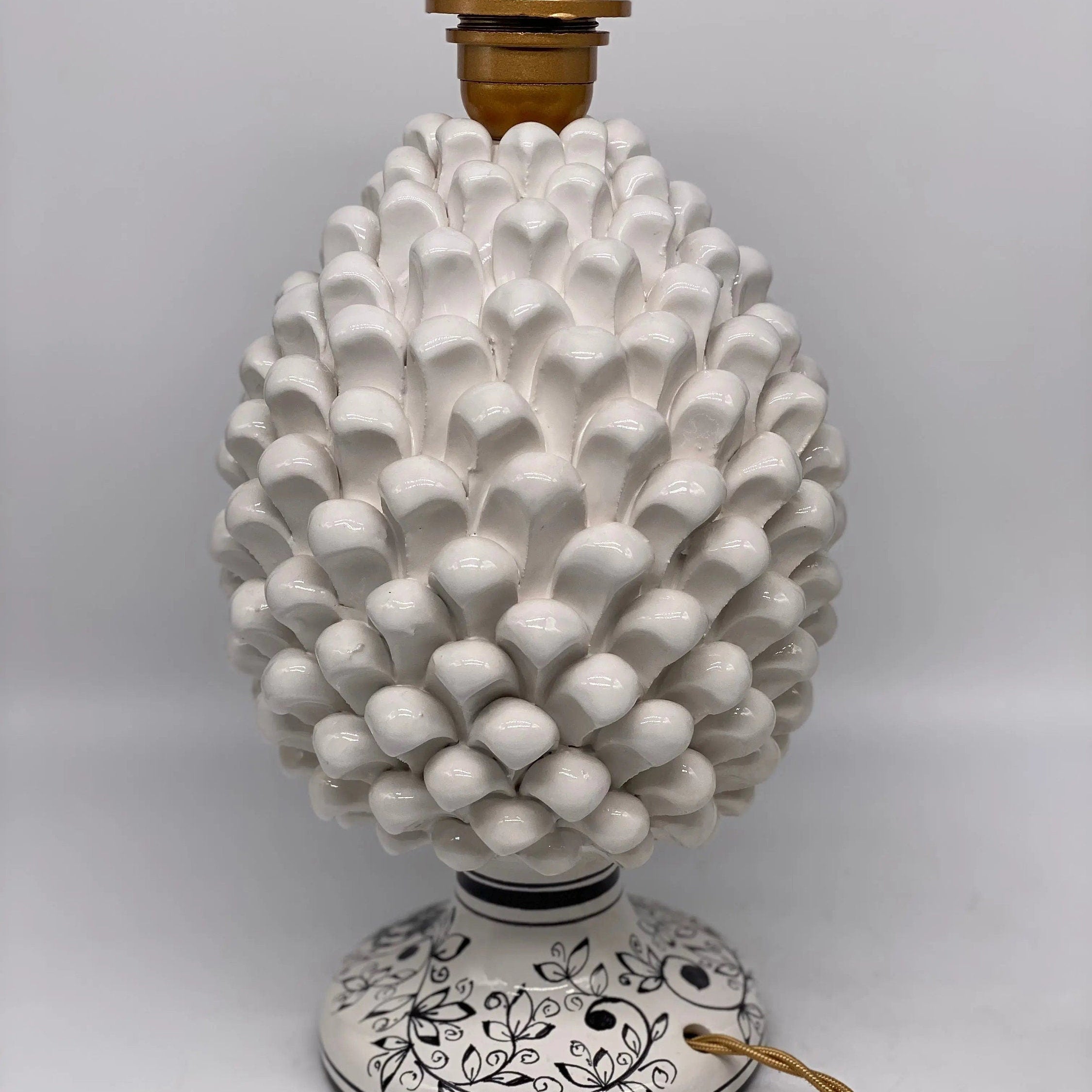 Lampada Pigna Ceramica Caltagirone cm H.30 Artigianale Bianco Base Decorata DD CERAMICHE SICILIANE