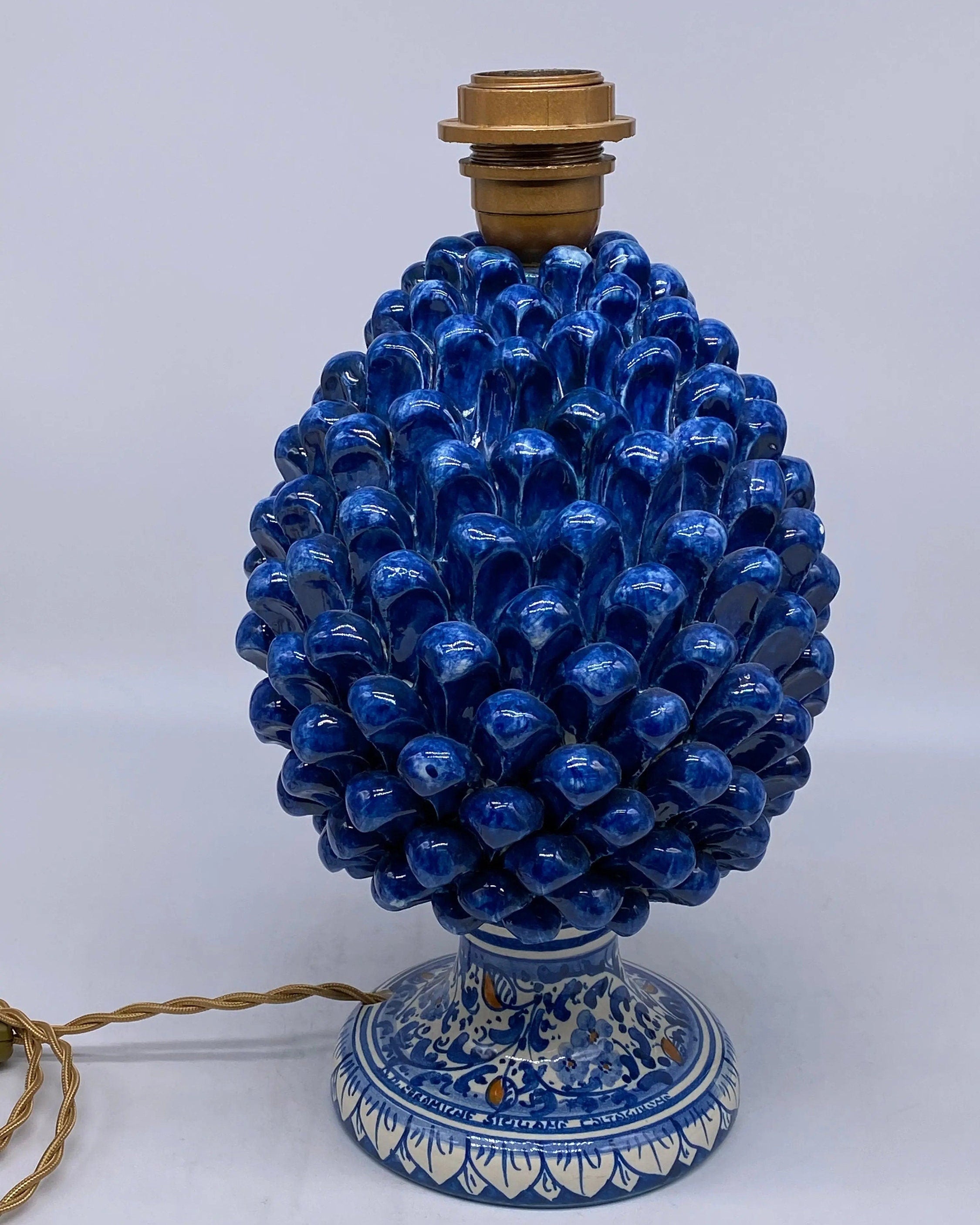 Lampada Pigna Ceramica Caltagirone cm H.30 Artigianale Blu Antico Base Decorata DD CERAMICHE SICILIANE